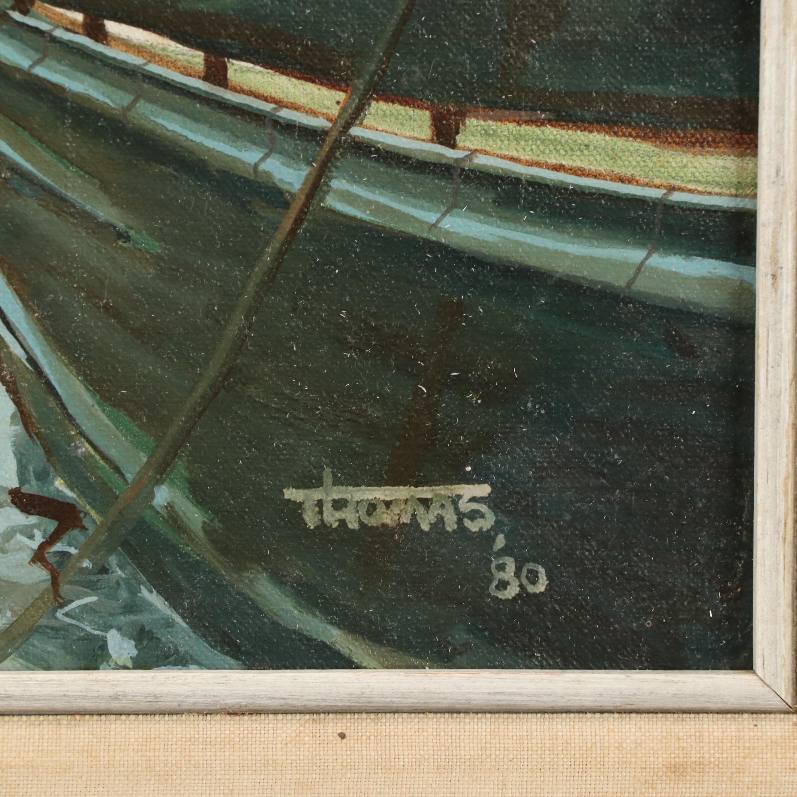 Maritime Oil Painting of Seagull on Wharf Piling, 1980