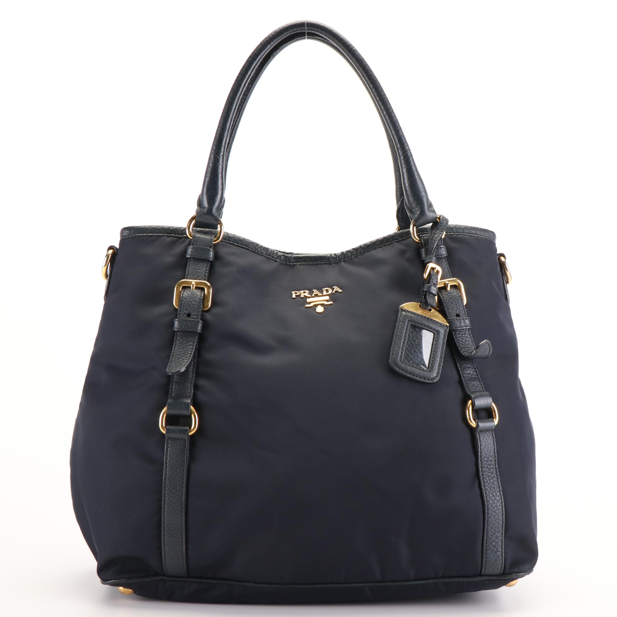 Prada Tote Bag in Navy Tessuto Nylon and Vitello Daino Leather