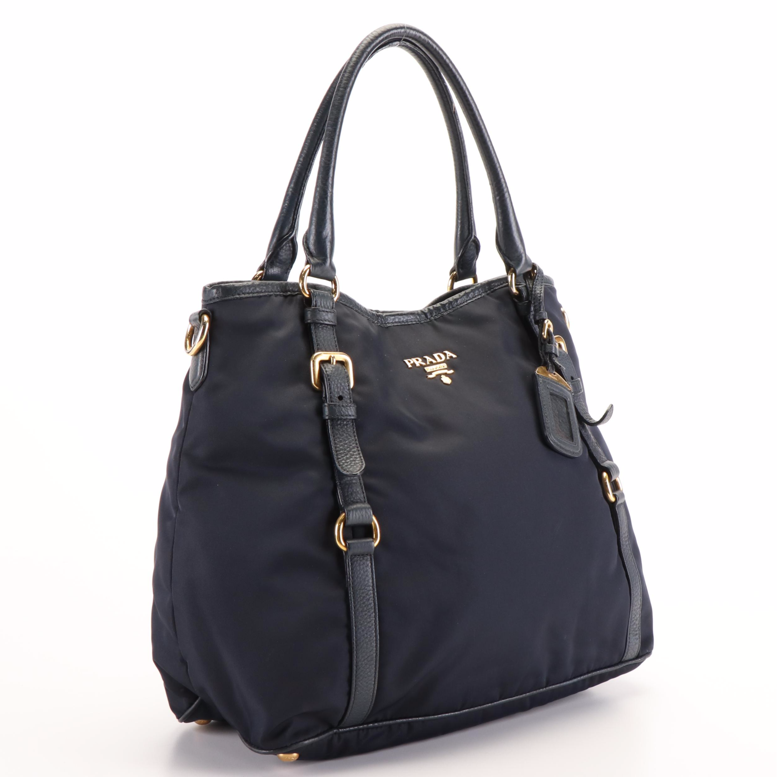 Prada Tote Bag in Navy Tessuto Nylon and Vitello Daino Leather