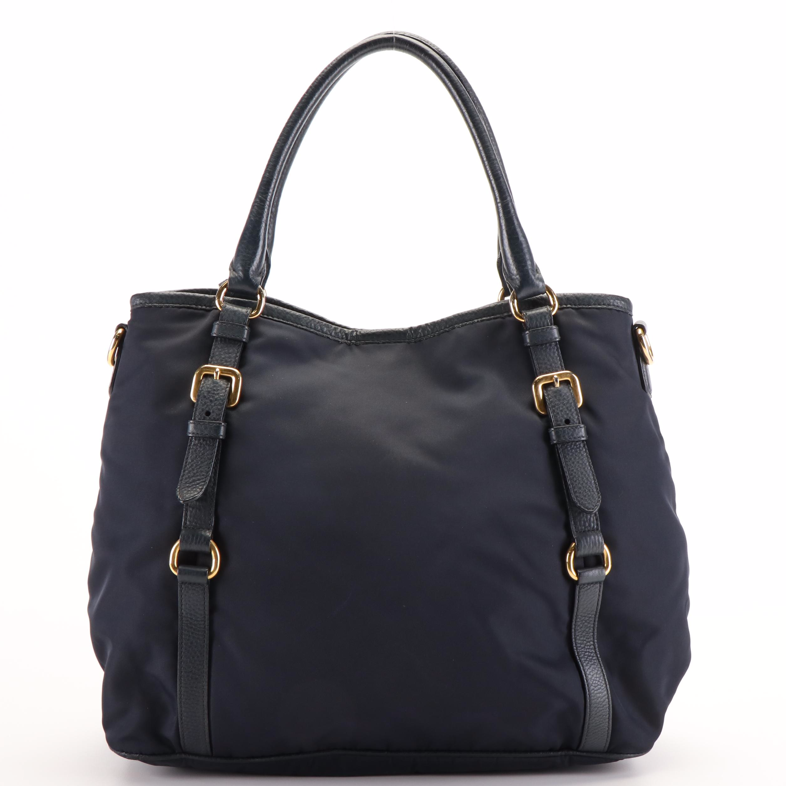 Prada Tote Bag in Navy Tessuto Nylon and Vitello Daino Leather