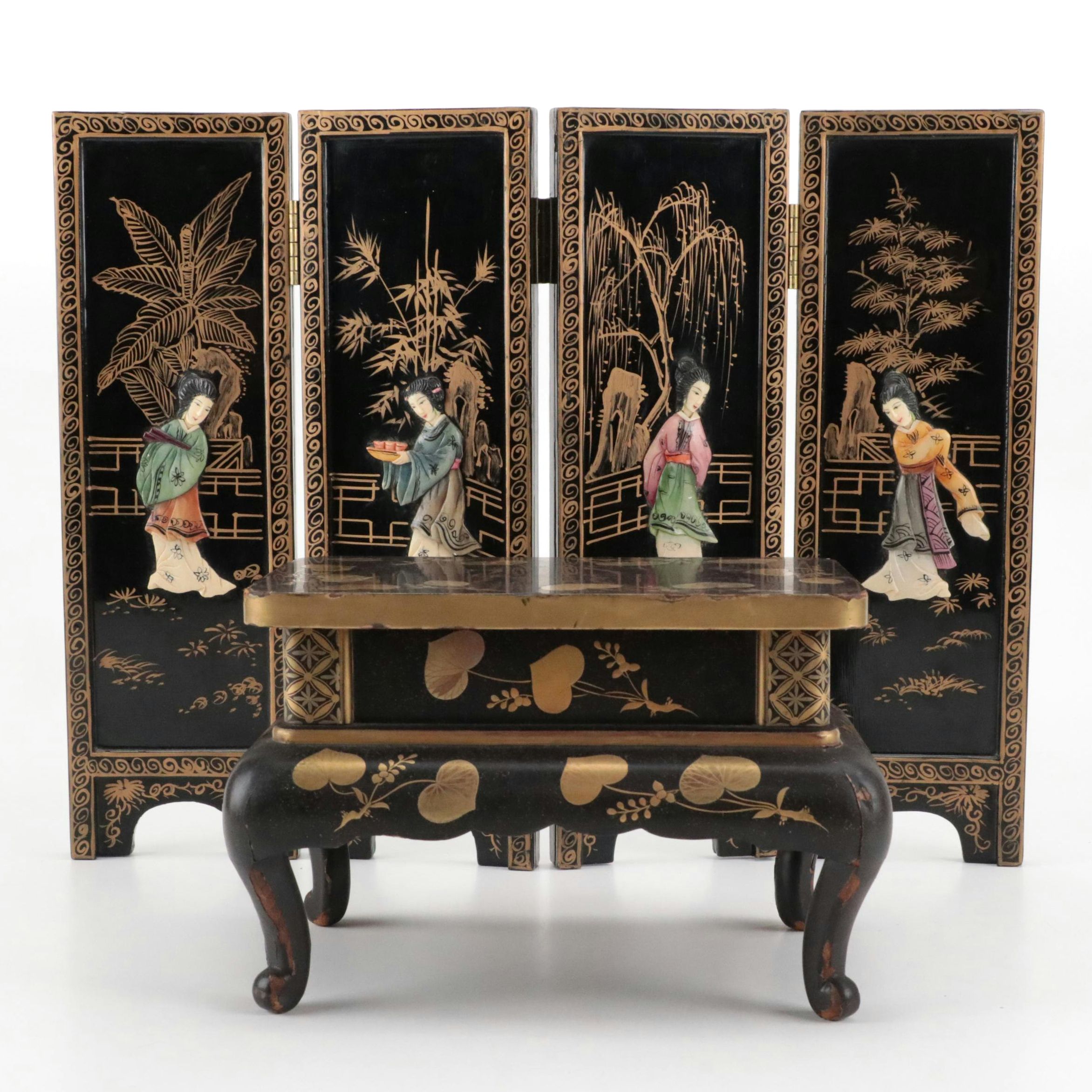 Chinese Hand-Painted Four-Panel Tabletop Divider and Footed Stand
