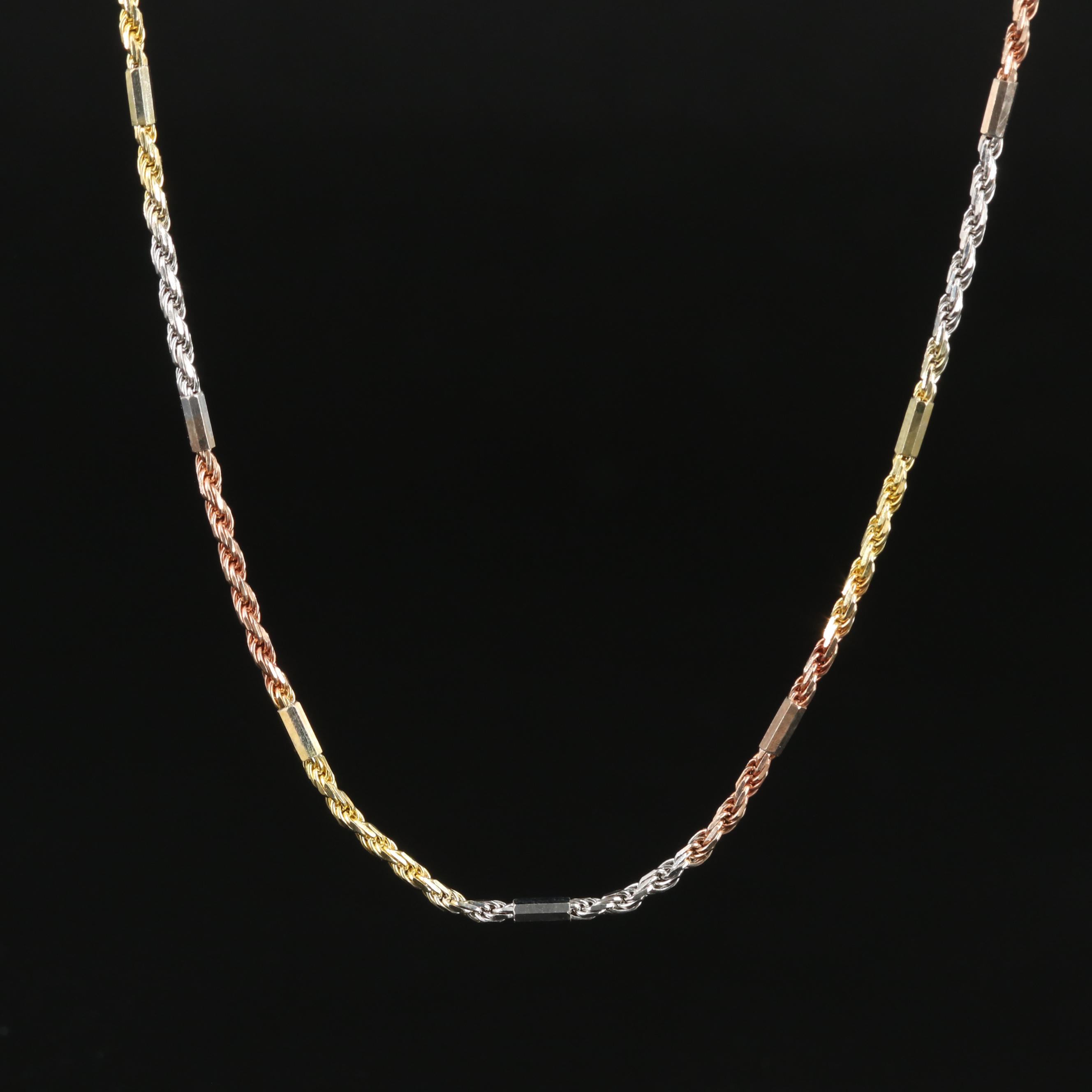 14K Tri-Color Rope Chain Necklace with Bead Detail