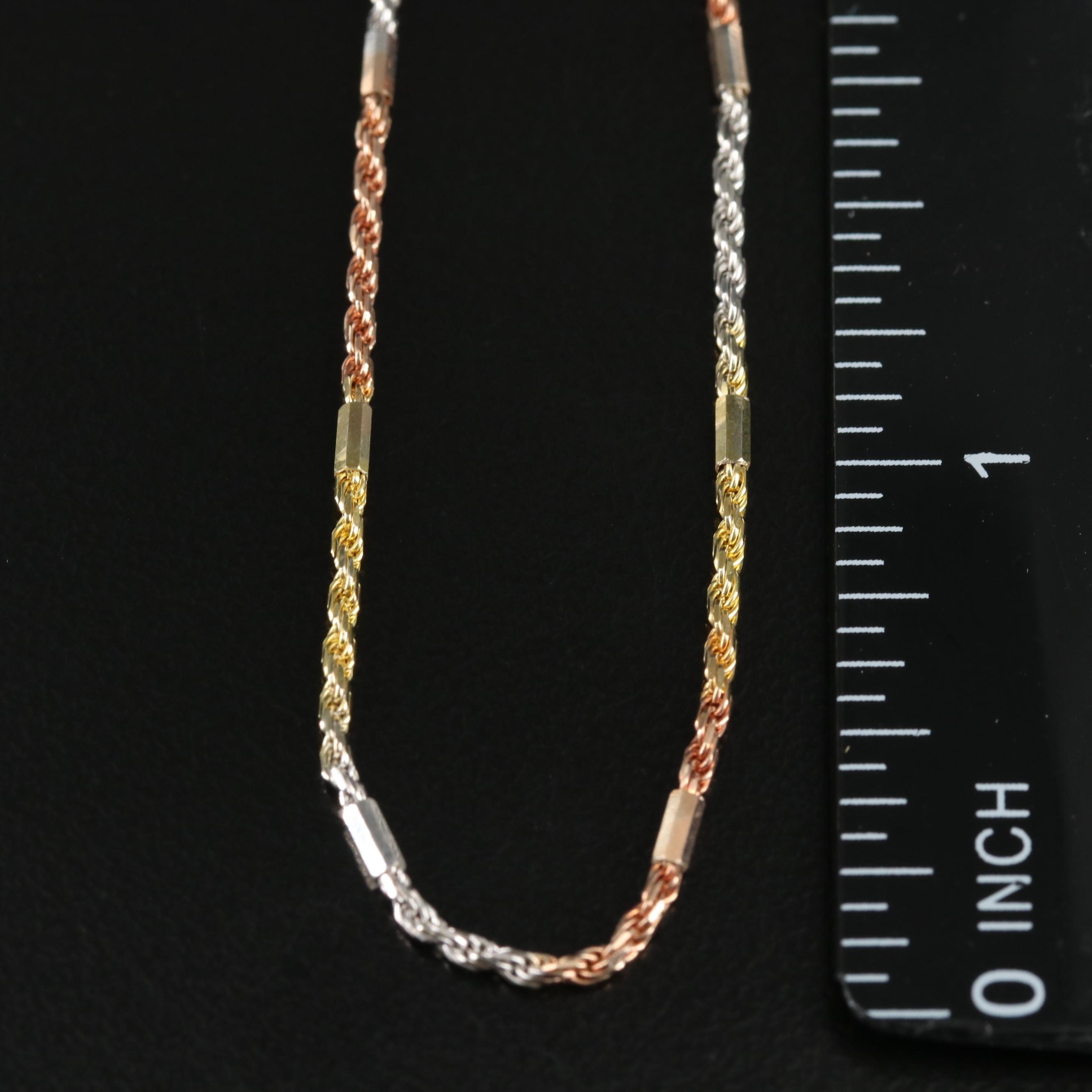 14K Tri-Color Rope Chain Necklace with Bead Detail