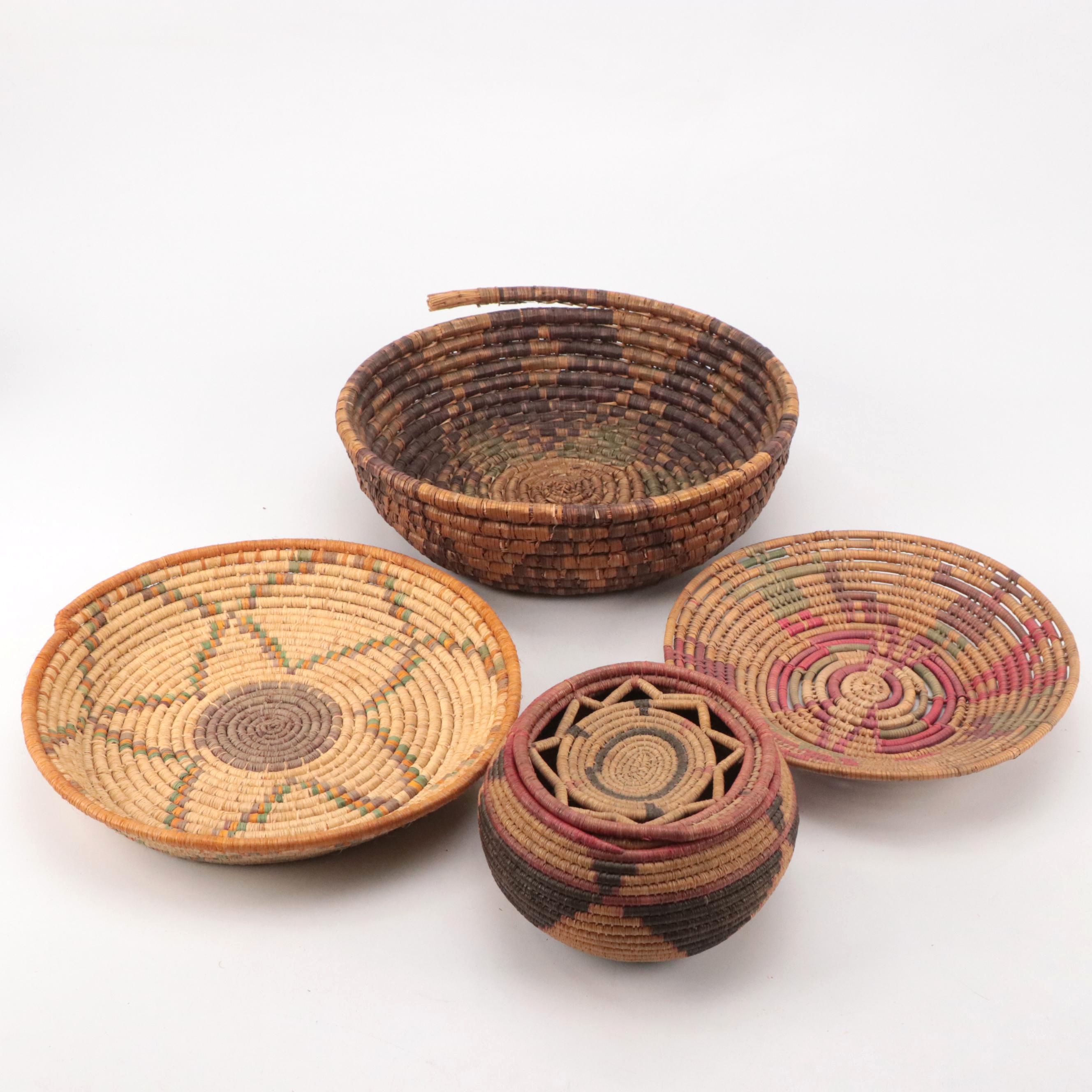 Native American Folk Art Style Pine Needle Coil Woven Baskets
