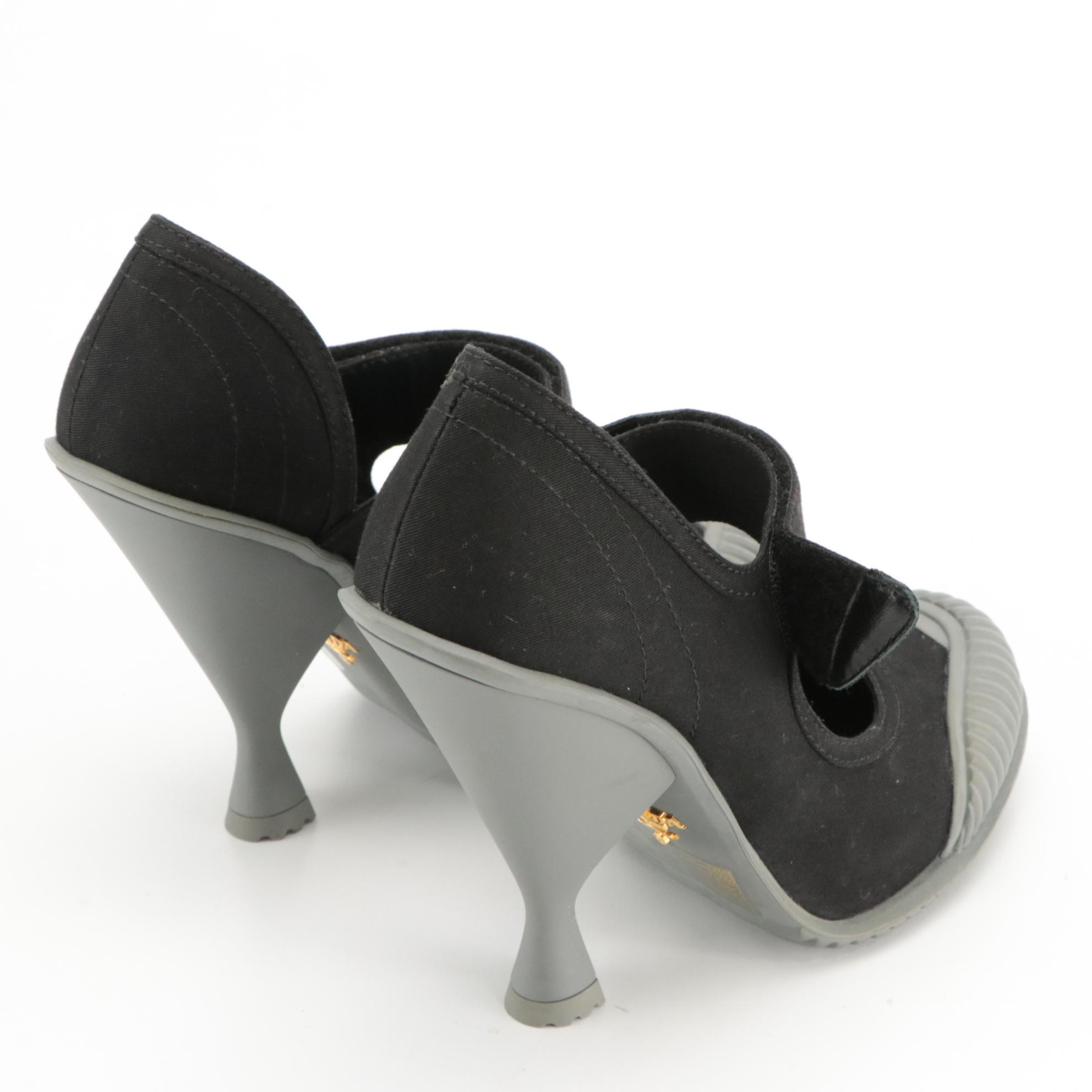 Prada Black Twill and Grey Rubber Dipped Velcro Strap Mary Jane Stylized Heels