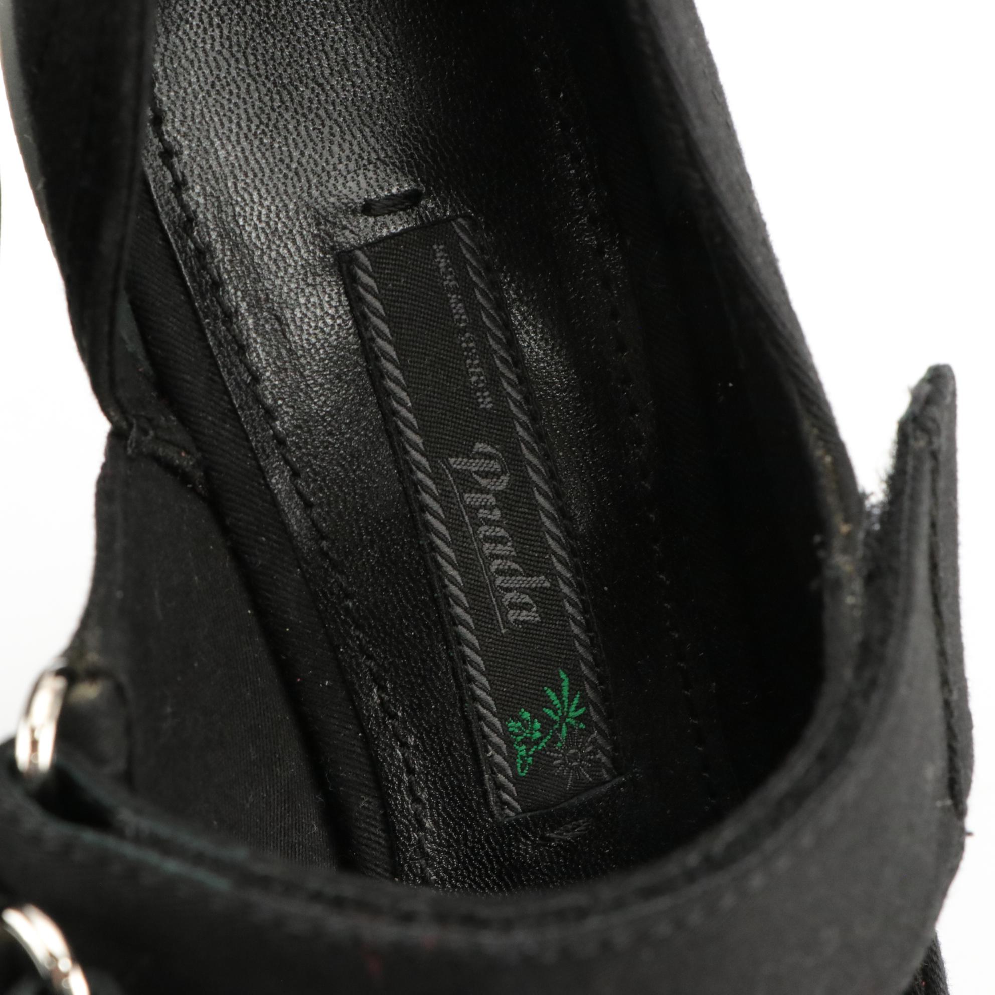 Prada Black Twill and Grey Rubber Dipped Velcro Strap Mary Jane Stylized Heels