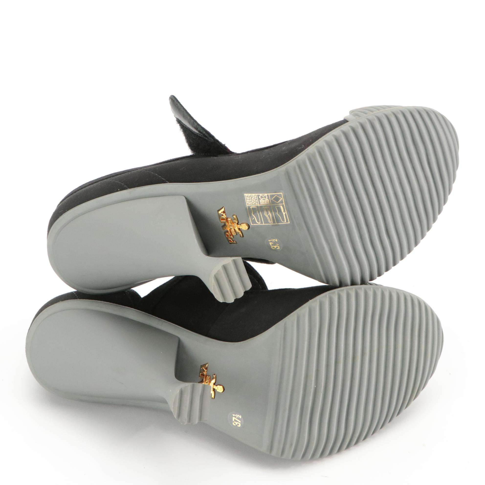 Prada Black Twill and Grey Rubber Dipped Velcro Strap Mary Jane Stylized Heels