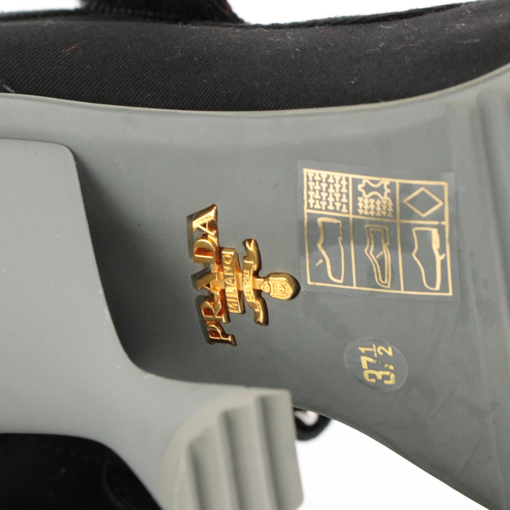 Prada Black Twill and Grey Rubber Dipped Velcro Strap Mary Jane Stylized Heels