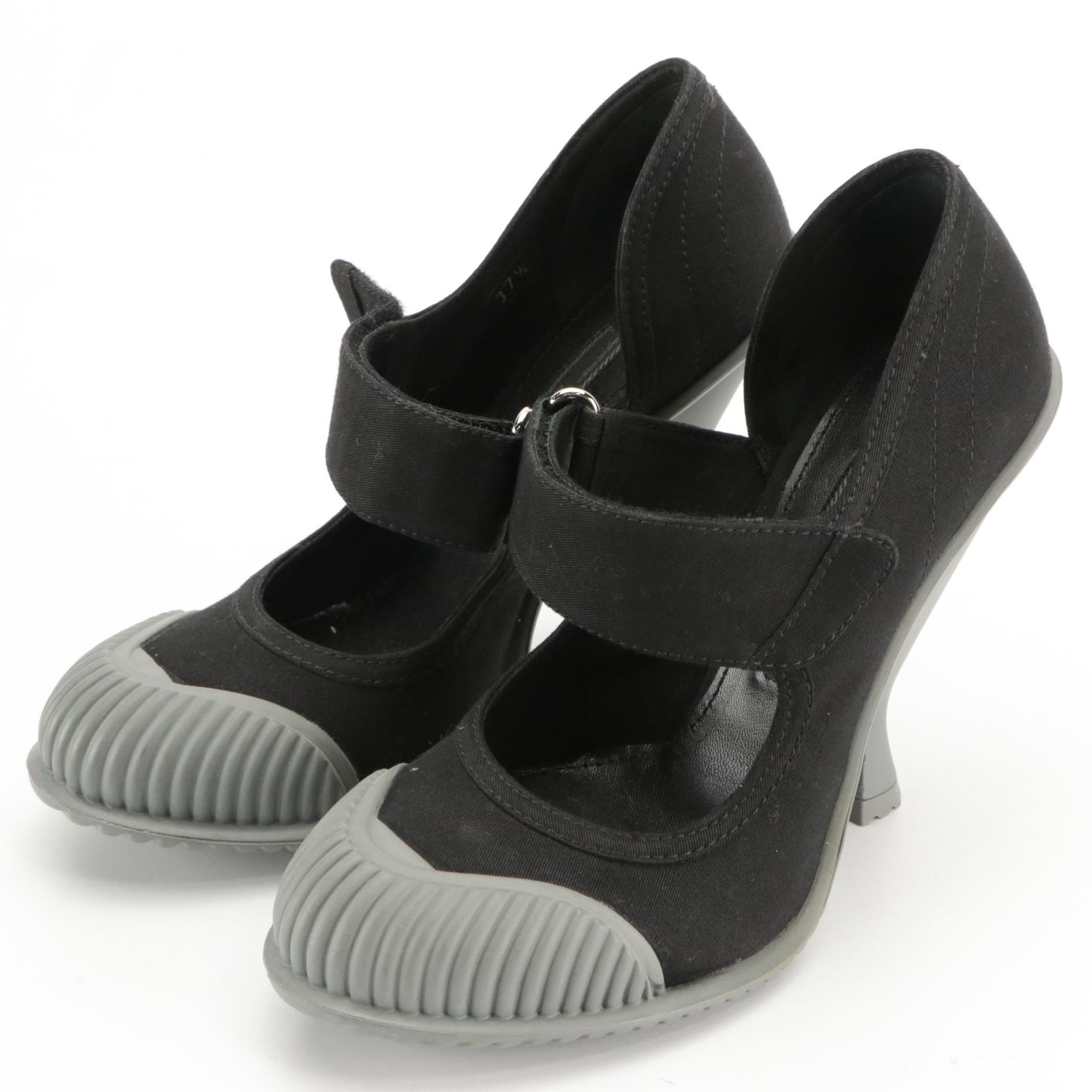 Prada Black Twill and Grey Rubber Dipped Velcro Strap Mary Jane Stylized Heels