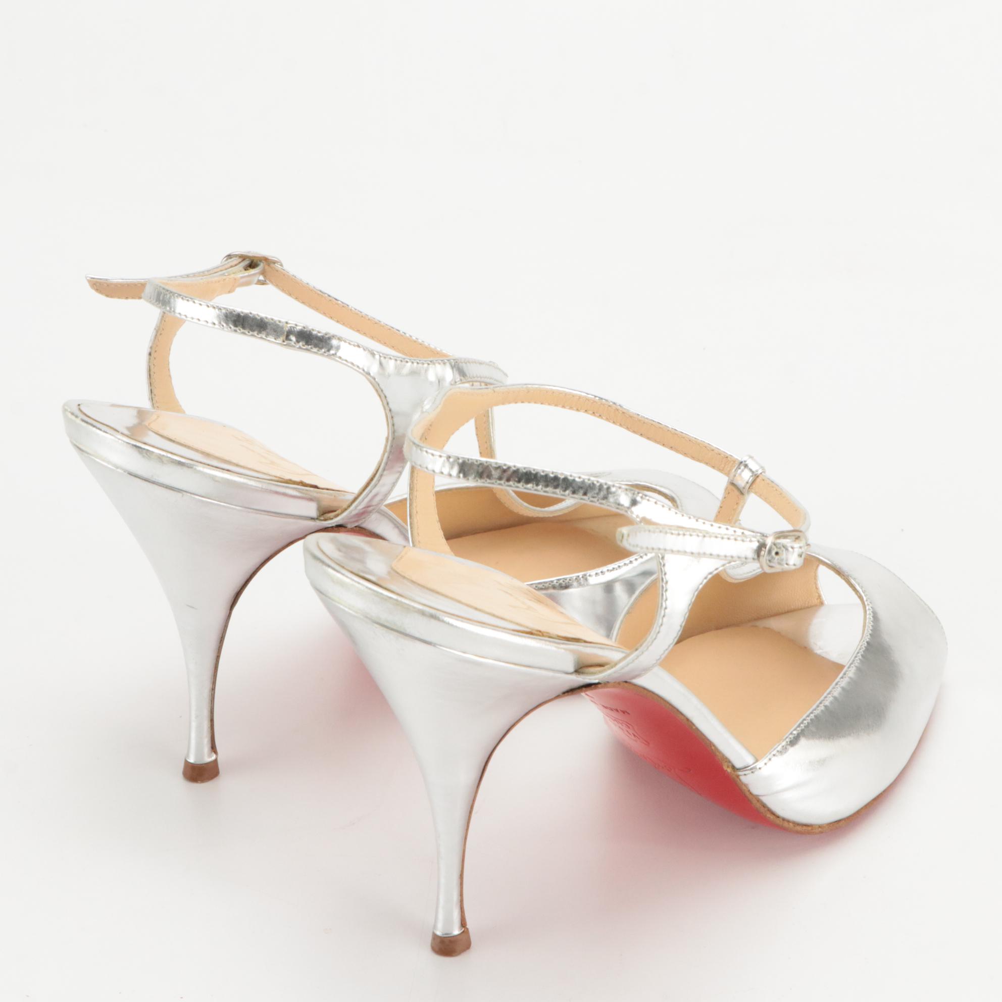 Christian Louboutin Silver Metallic Patent Leather Peep-Toe T-Strap Heels