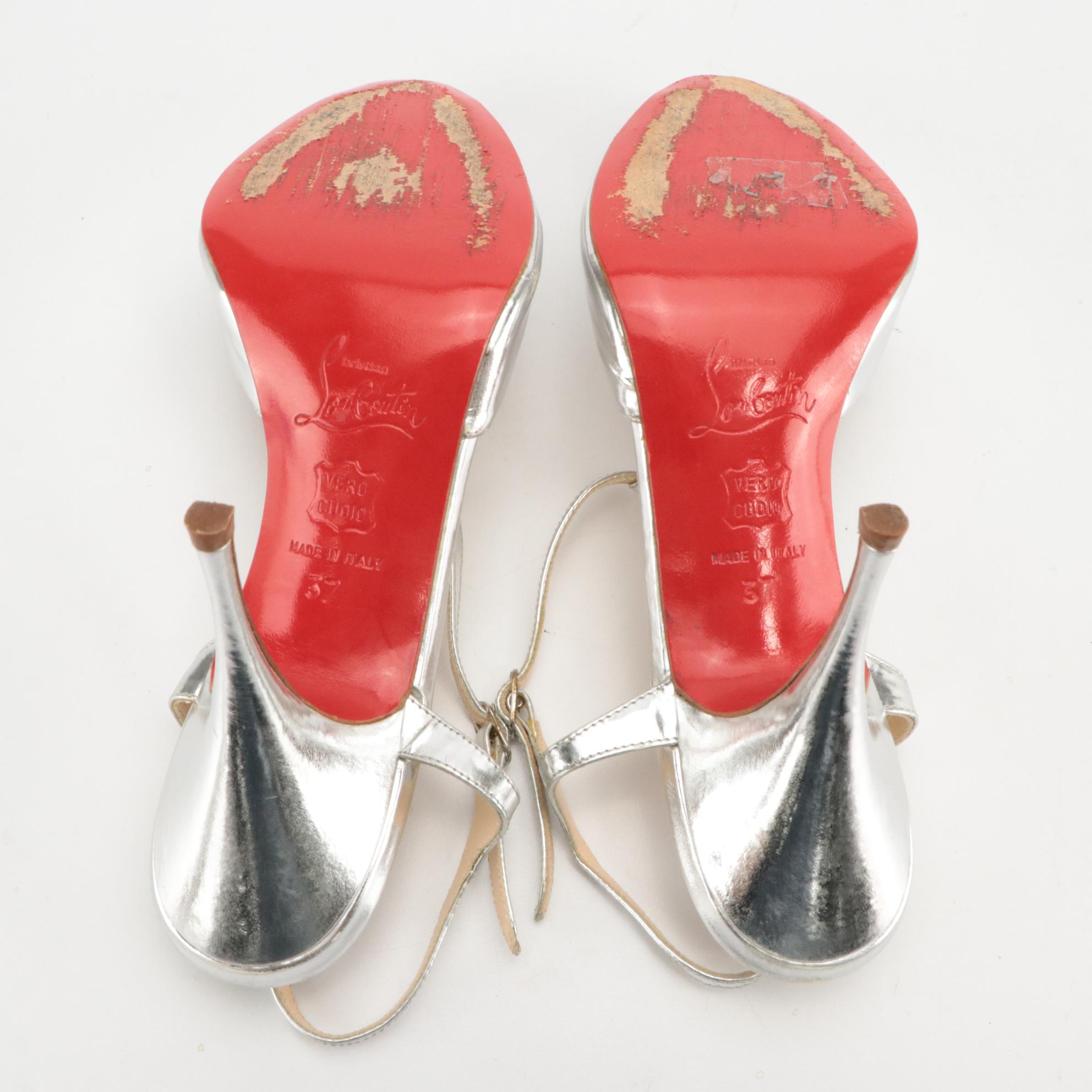 Christian Louboutin Silver Metallic Patent Leather Peep-Toe T-Strap Heels