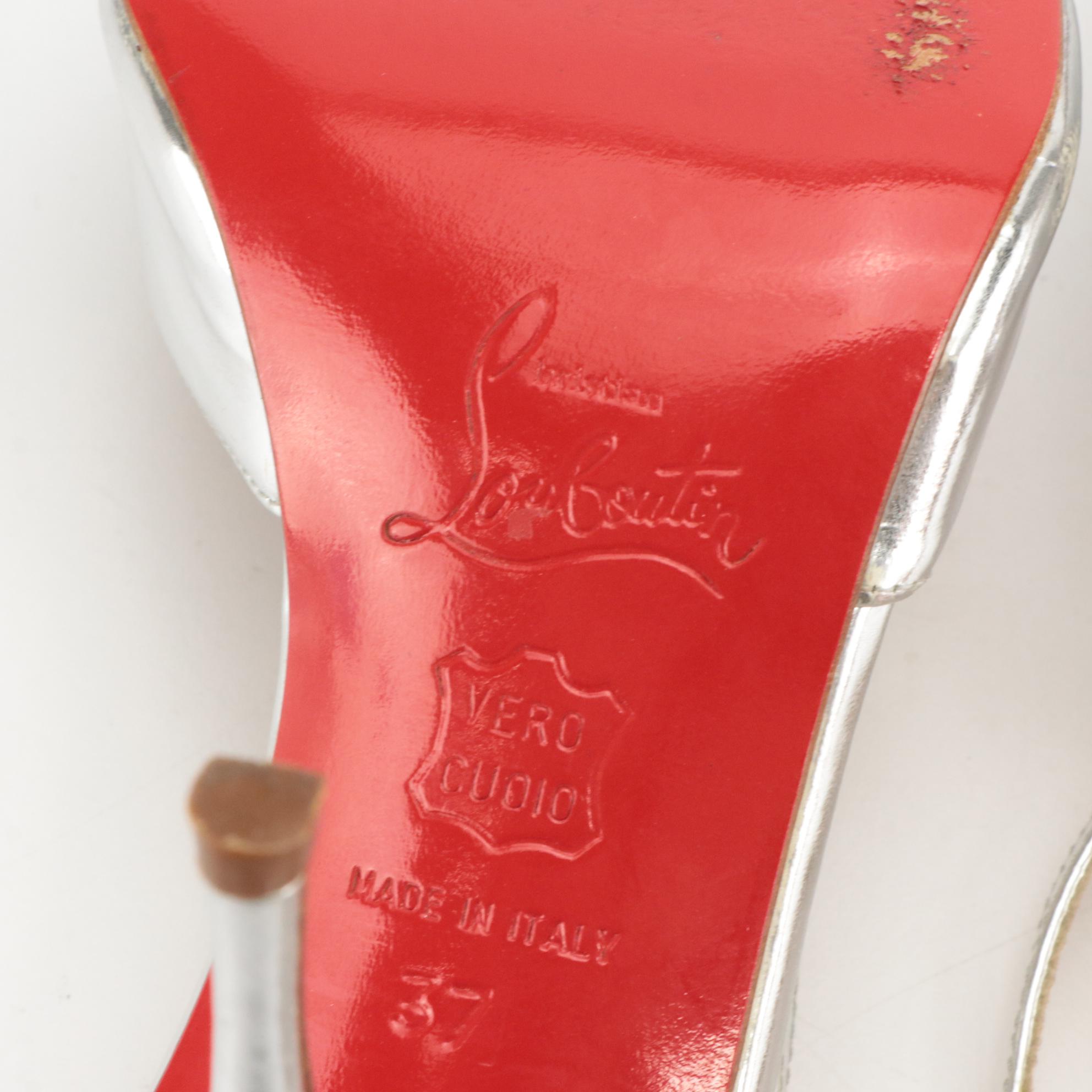 Christian Louboutin Silver Metallic Patent Leather Peep-Toe T-Strap Heels