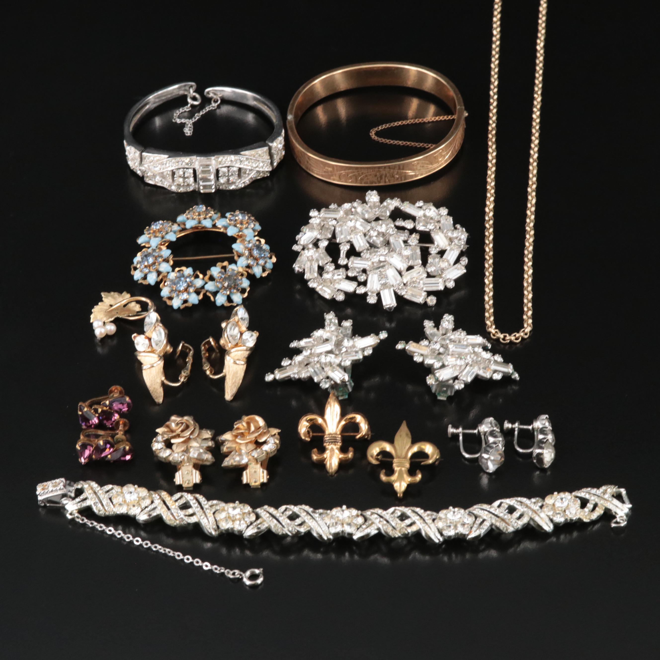 Vintage Jewelry Featuring Weiss Rhinestone Earrings and Brooch Set and Krementz