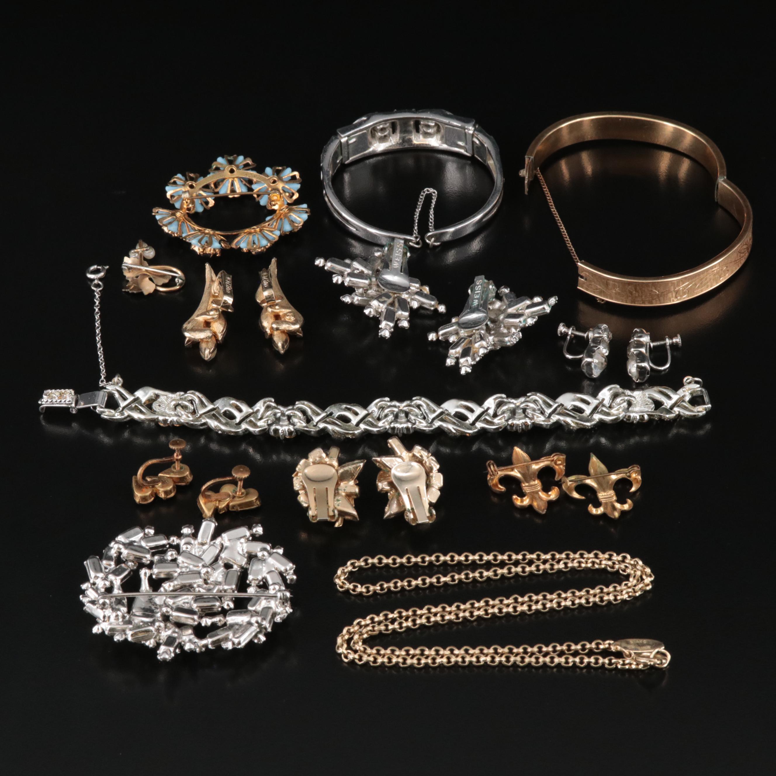 Vintage Jewelry Featuring Weiss Rhinestone Earrings and Brooch Set and Krementz