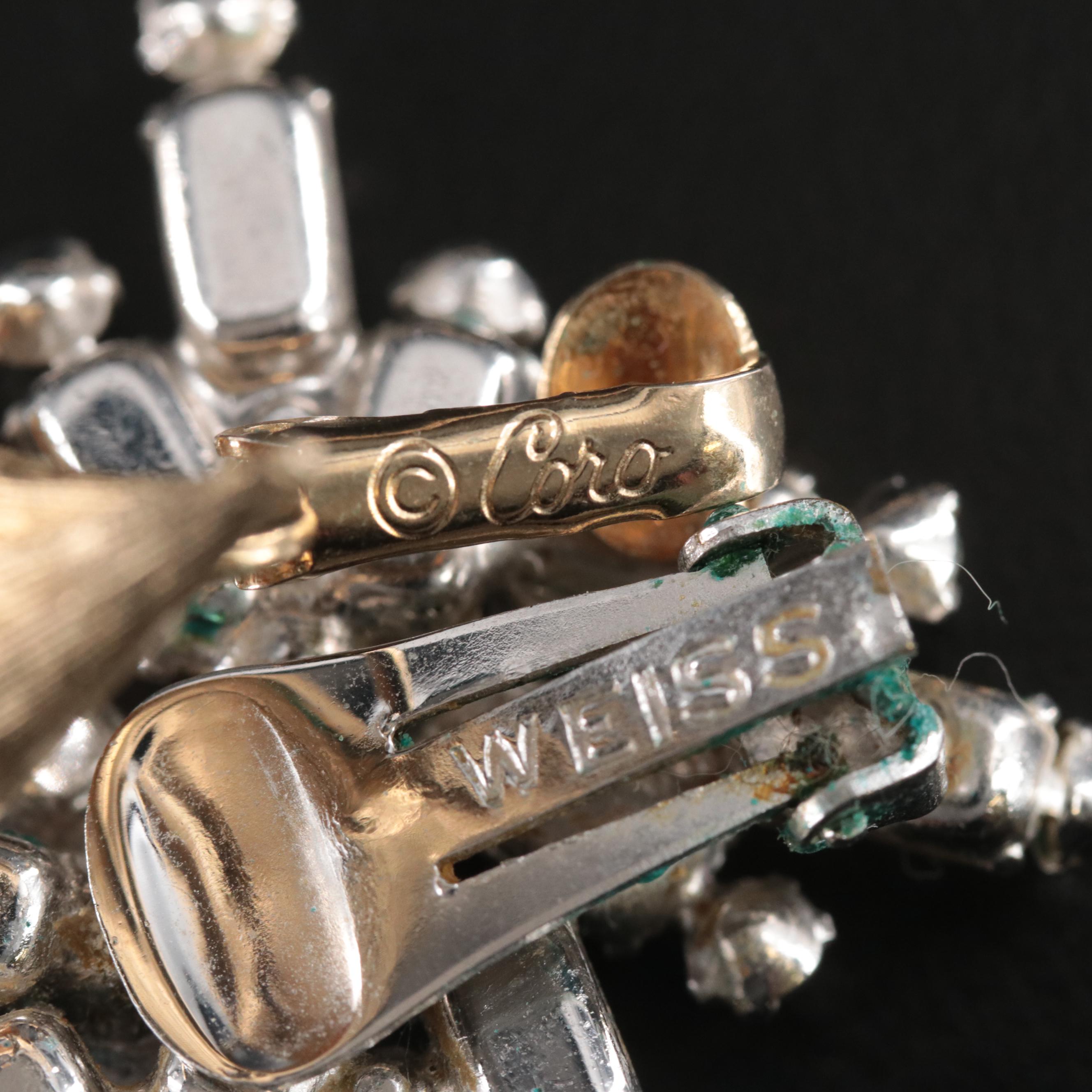 Vintage Jewelry Featuring Weiss Rhinestone Earrings and Brooch Set and Krementz