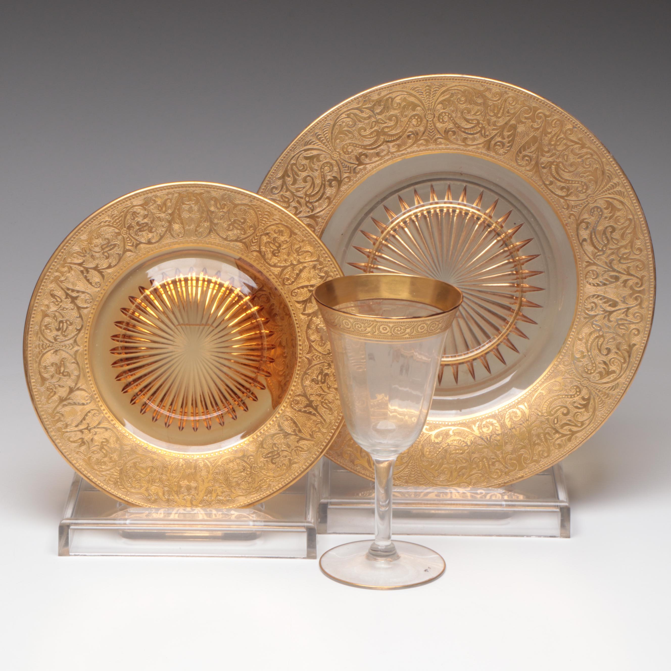 Tiffin-Franciscan "Minton" Glass Water Goblet with Gilt Encrusted Glass Plates