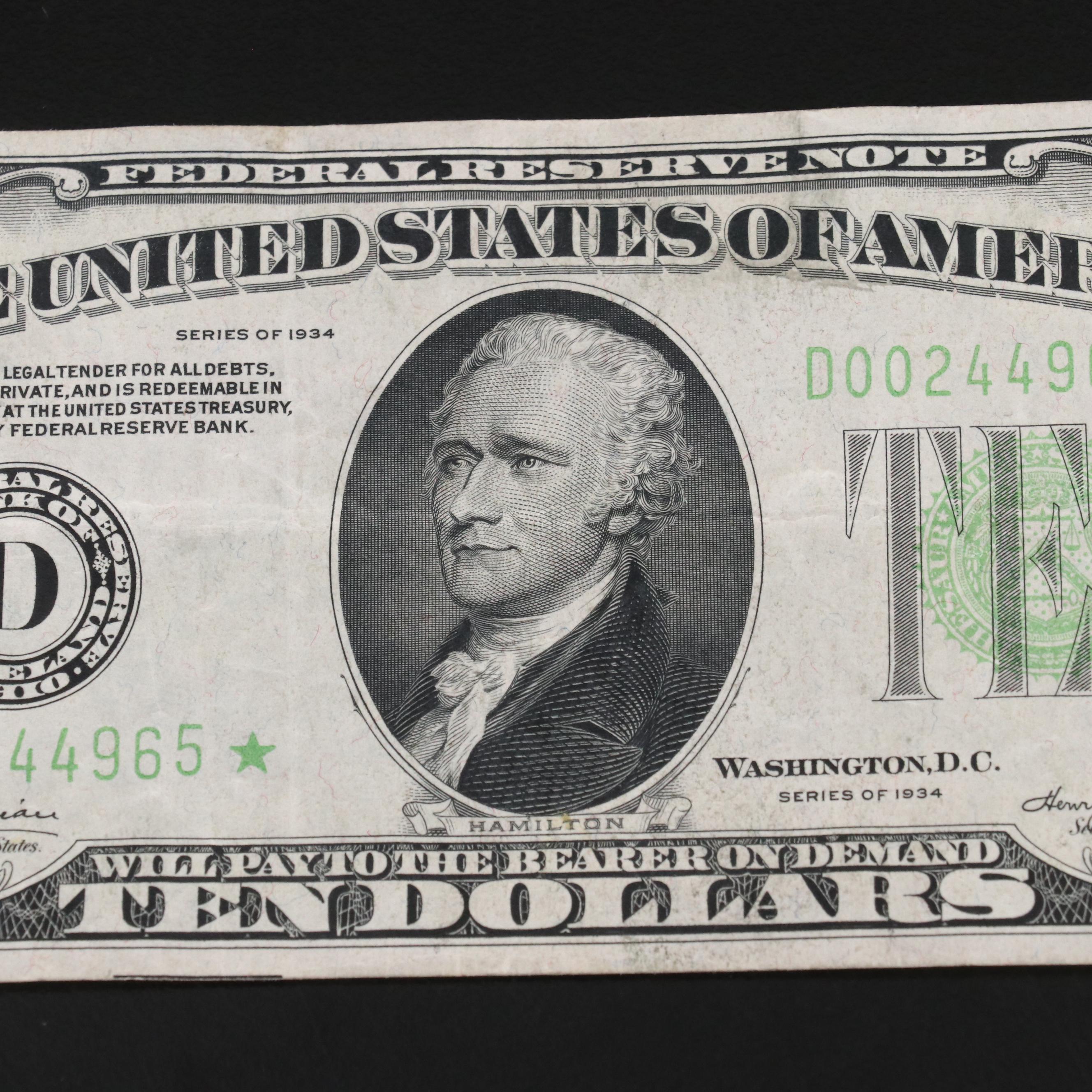 1934 Ten Dollar Federal Reserve Star Note