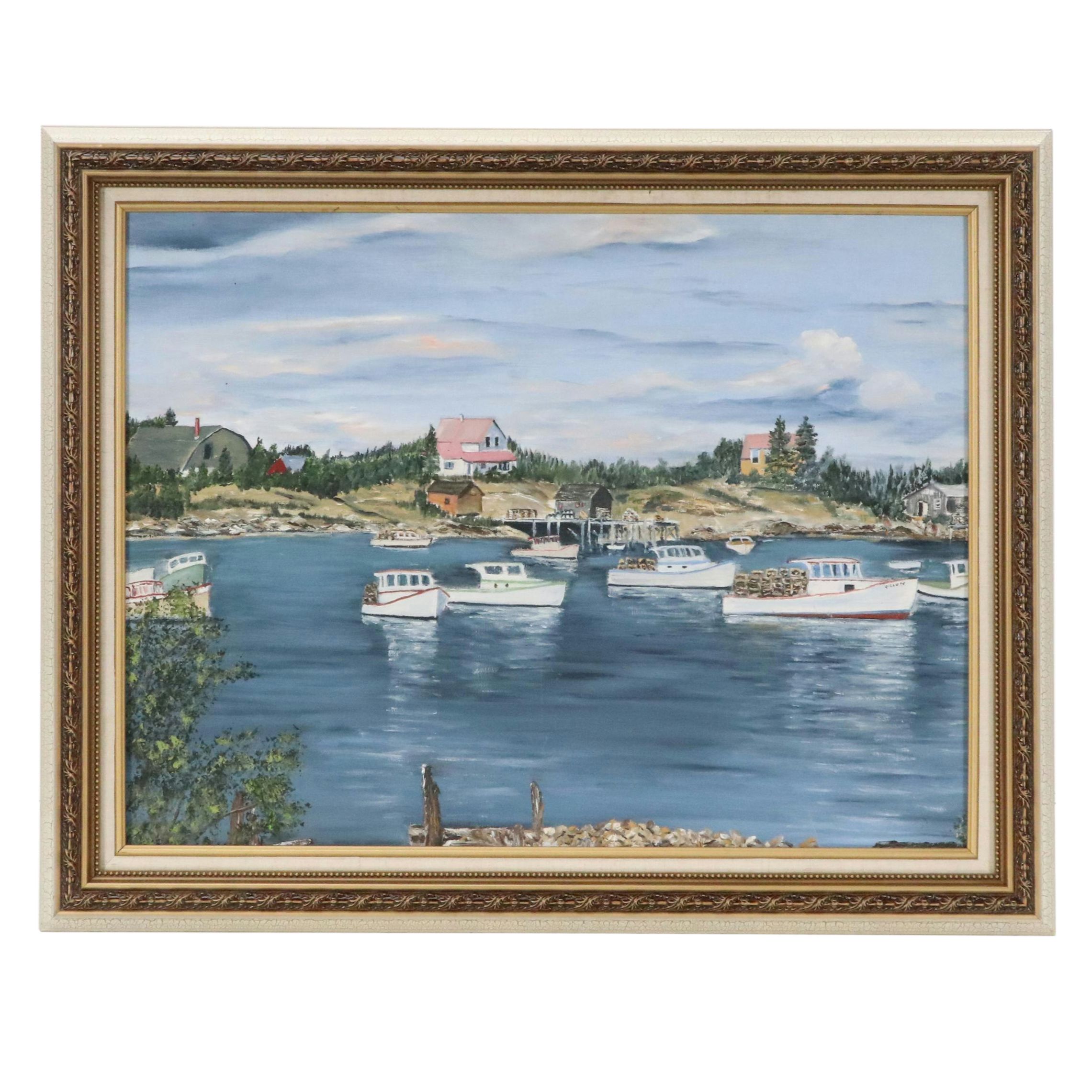 Thelma Peterson Lake Landscape Oil Painting of Harbor Scene "Busy Harbor"