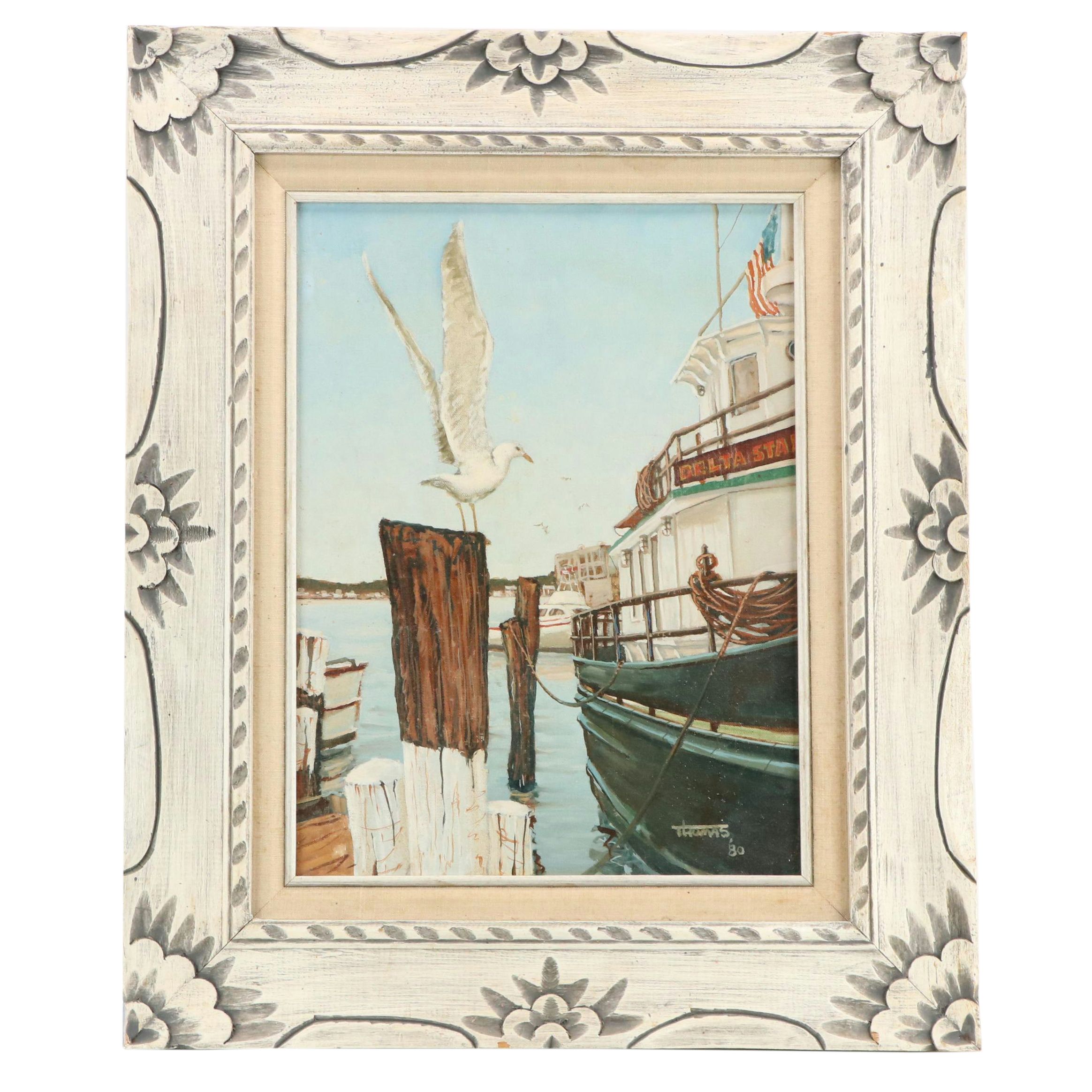 Maritime Oil Painting of Seagull on Wharf Piling, 1980