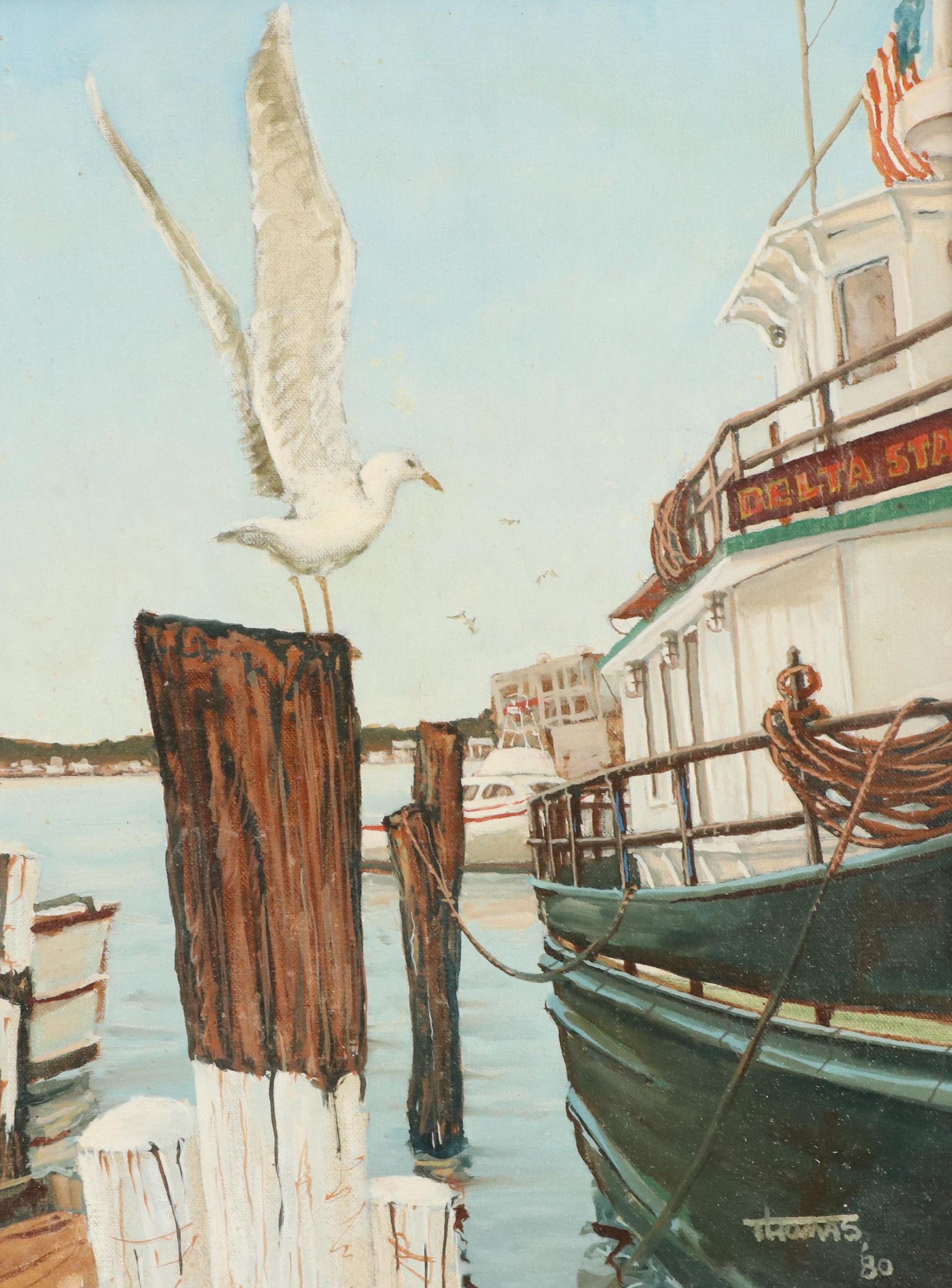 Maritime Oil Painting of Seagull on Wharf Piling, 1980