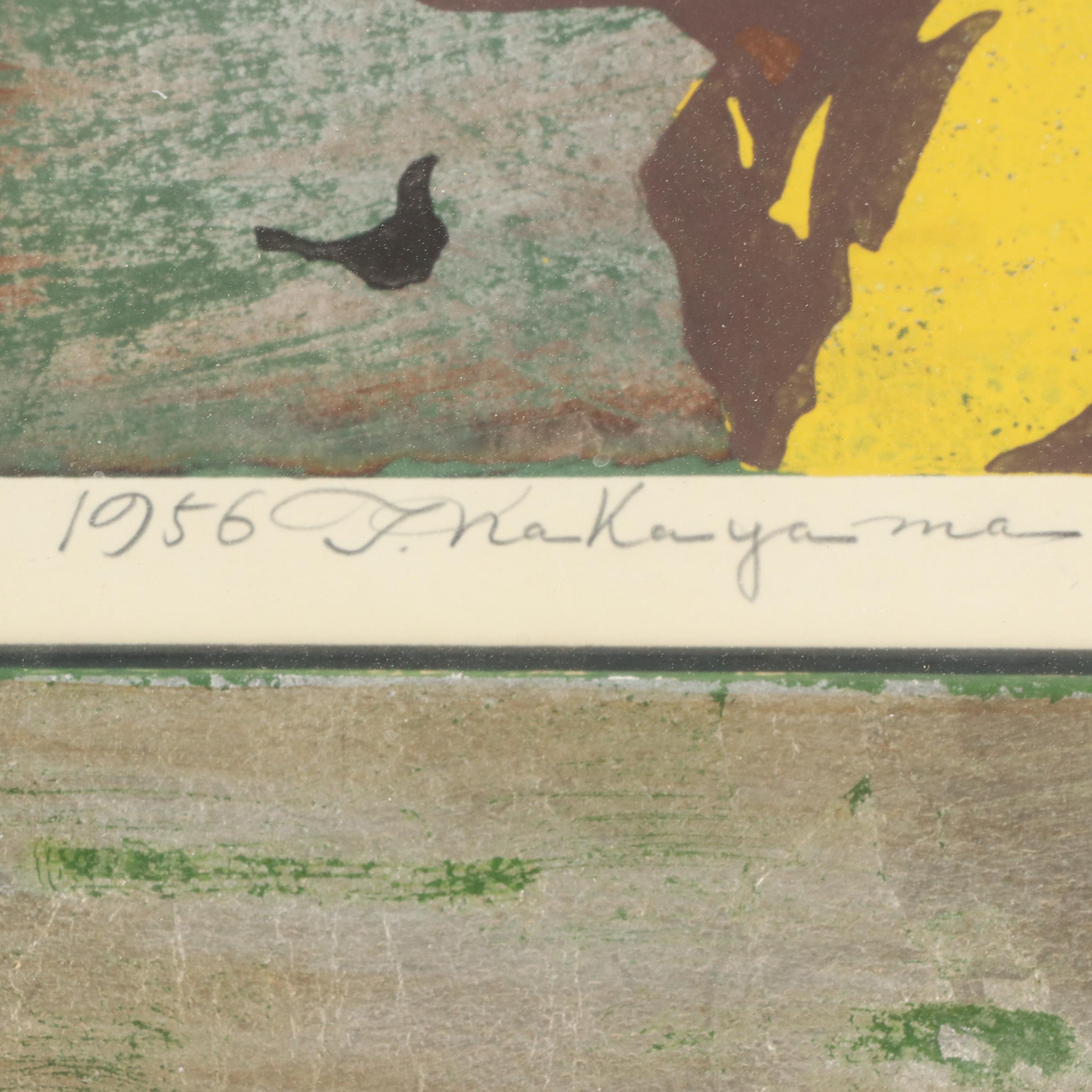 Tadashi Nakayama Japanese Woodblock Print "Girl in the Wind," 1956