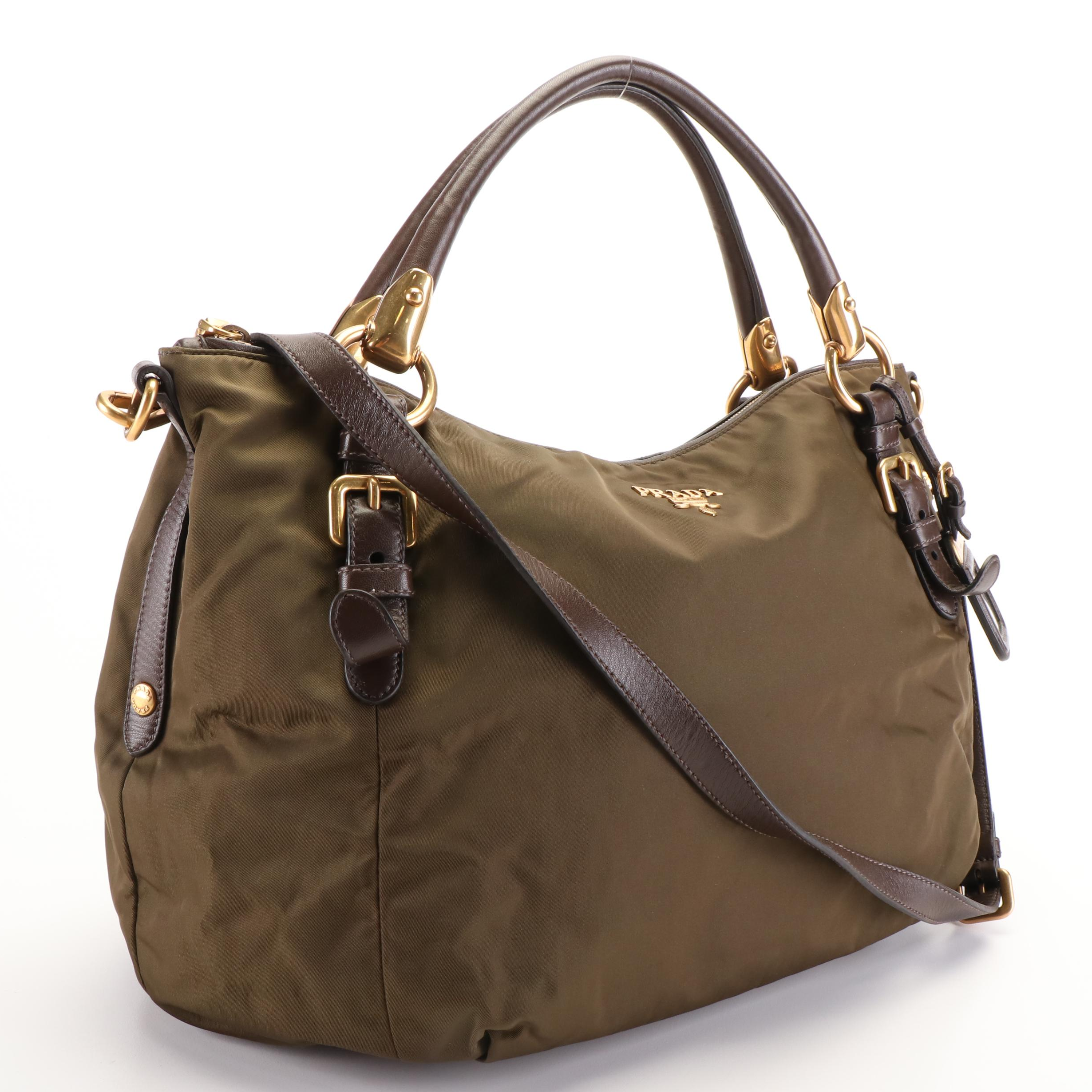 Prada Tessuto Khaki Nylon and Nappa Leather Bauletto Bag