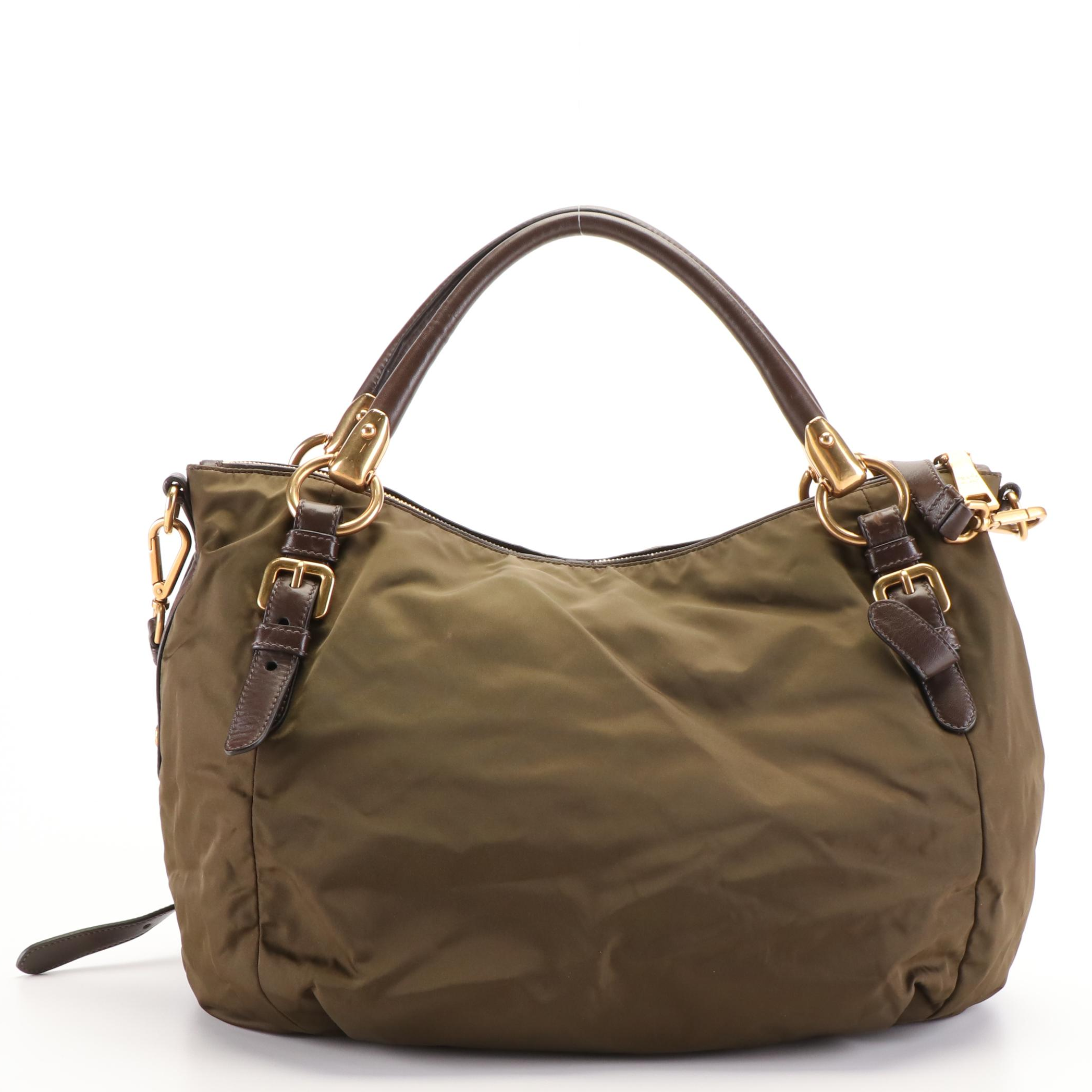 Prada Tessuto Khaki Nylon and Nappa Leather Bauletto Bag