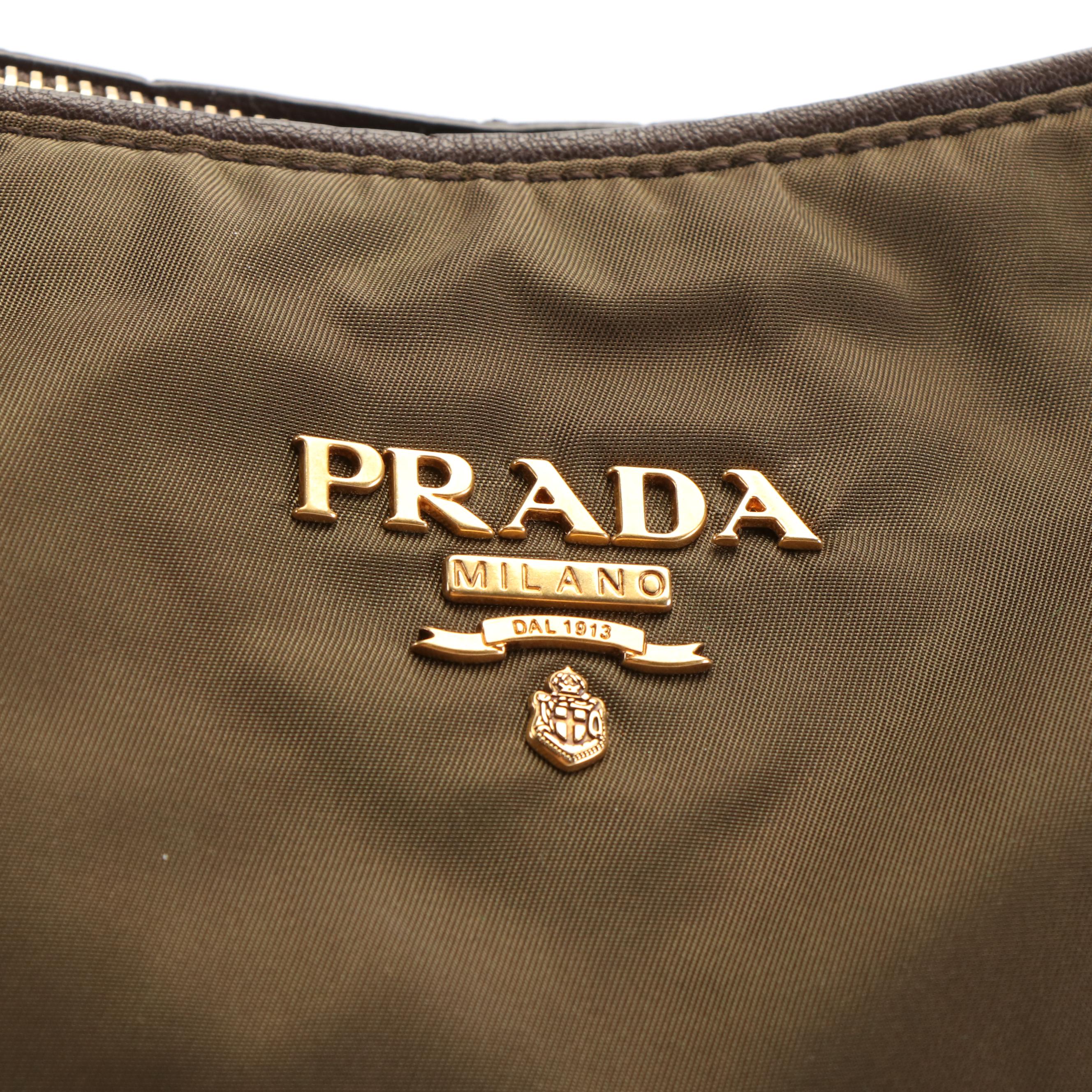 Prada Tessuto Khaki Nylon and Nappa Leather Bauletto Bag