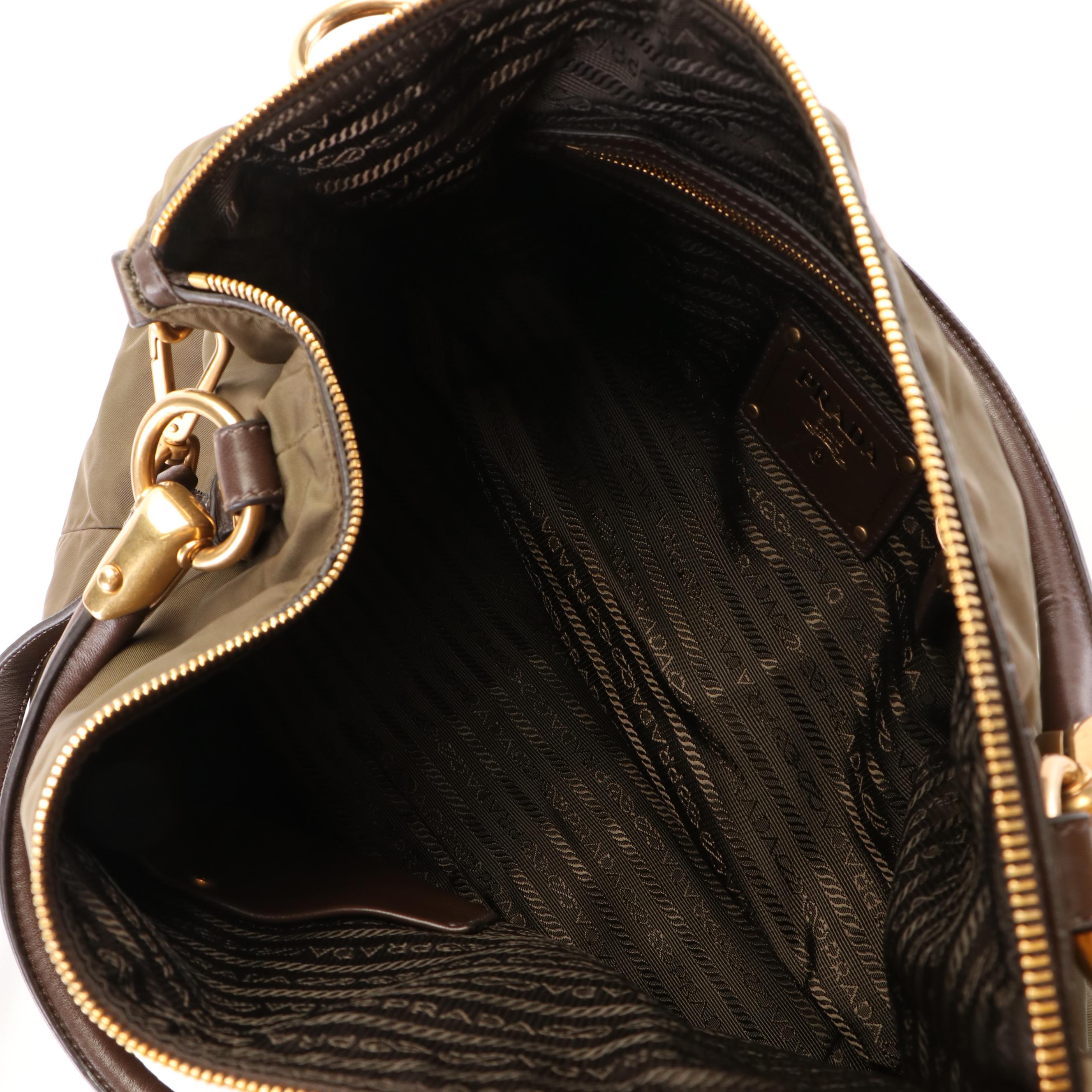 Prada Tessuto Khaki Nylon and Nappa Leather Bauletto Bag