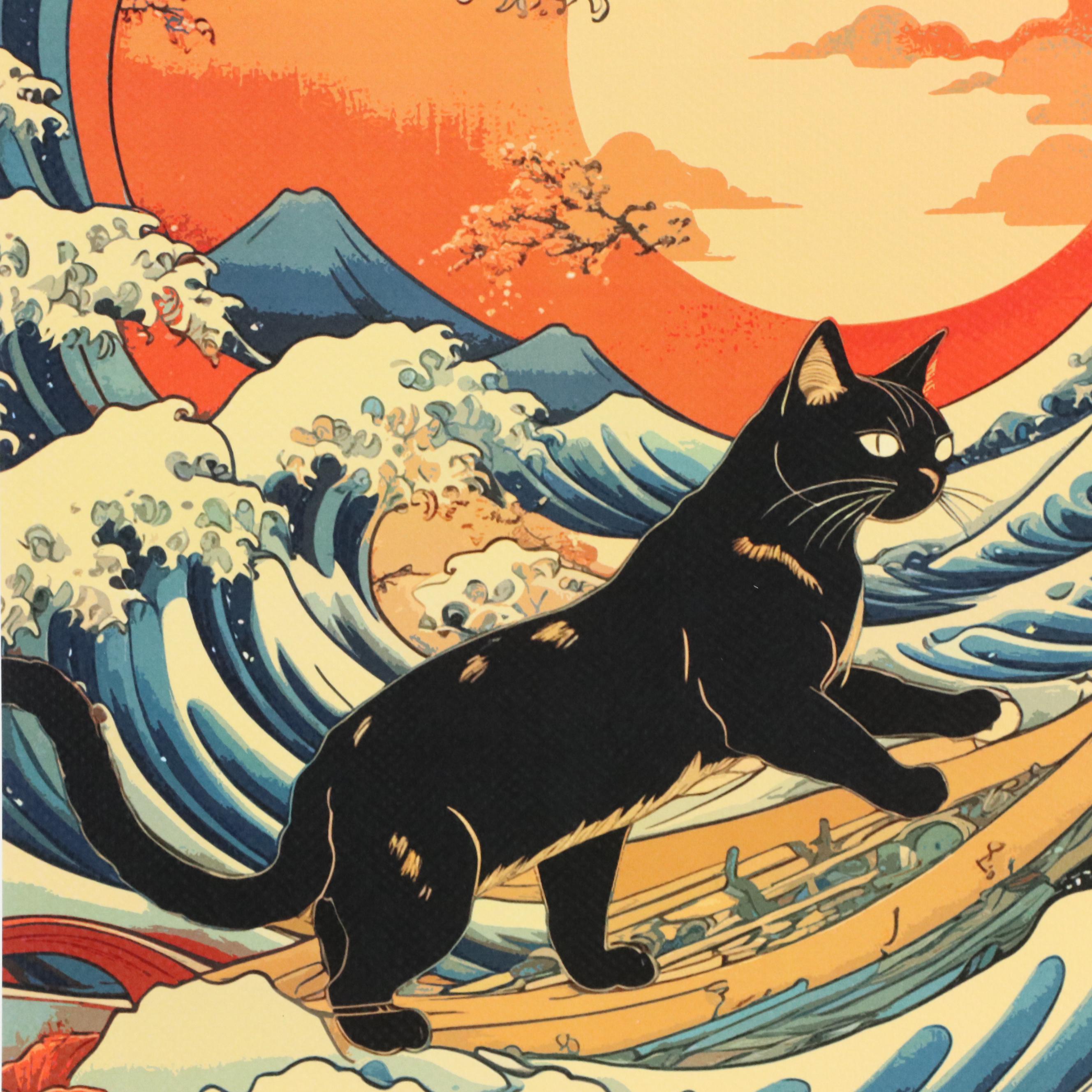 Death NYC Pop Art Graphic Print With The Great Wave Off Kanagawa x Cat, 2024