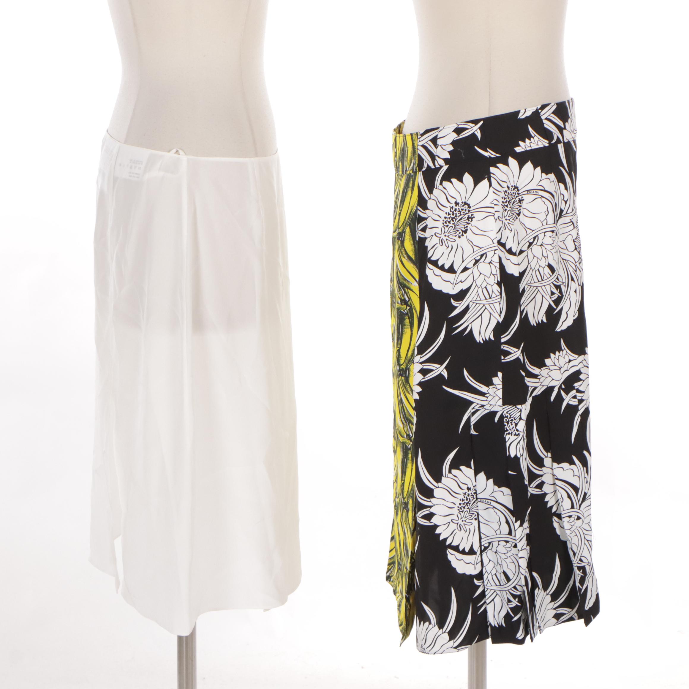 Prada Mixed Print Viscose Wrap Skirt with Semi Sheer Silk Faux Wrap Skirt