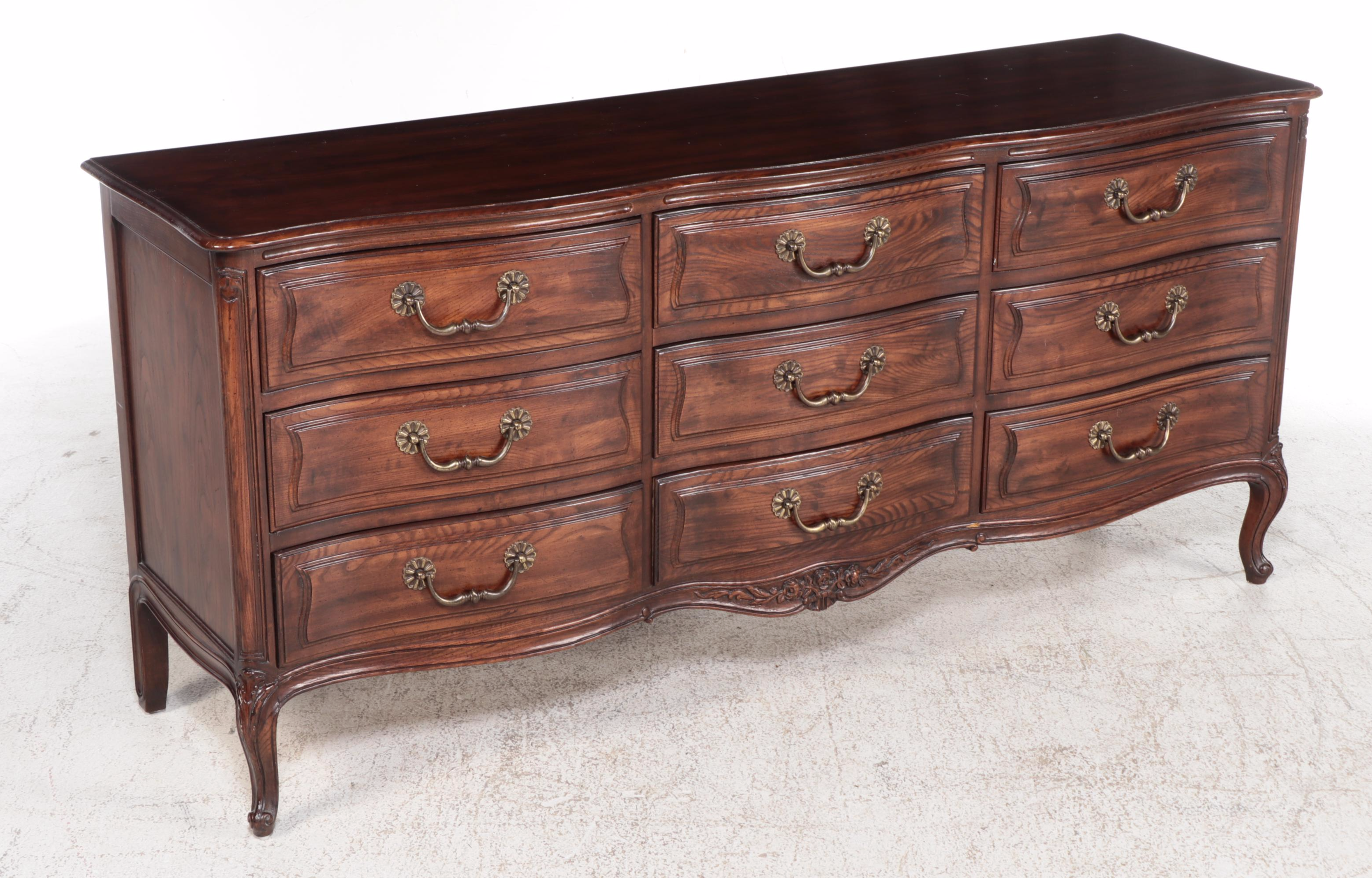 Henredon "Four Centuries" Louis XV Style Oak Nine-Drawer Serpentine Commode