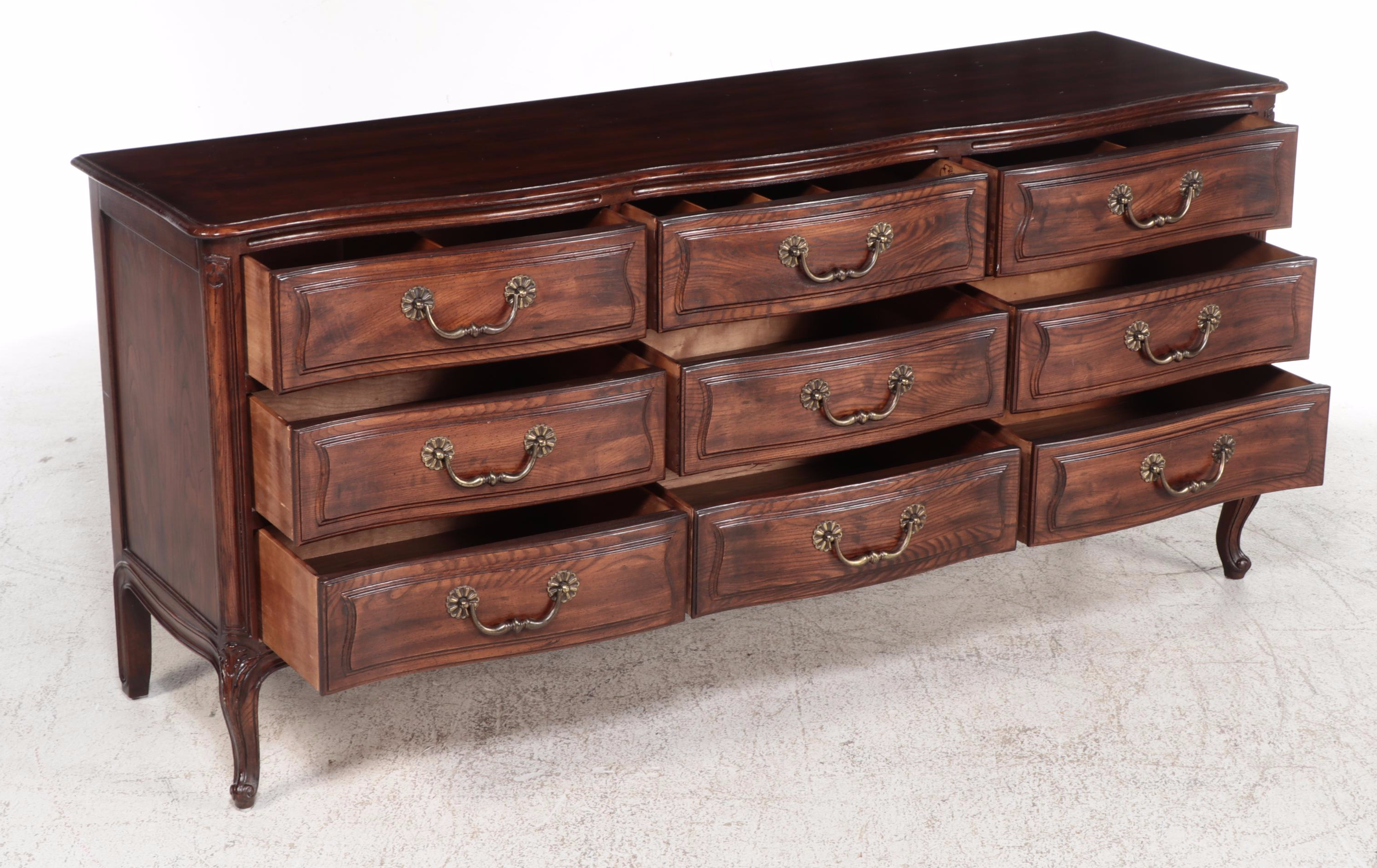 Henredon "Four Centuries" Louis XV Style Oak Nine-Drawer Serpentine Commode