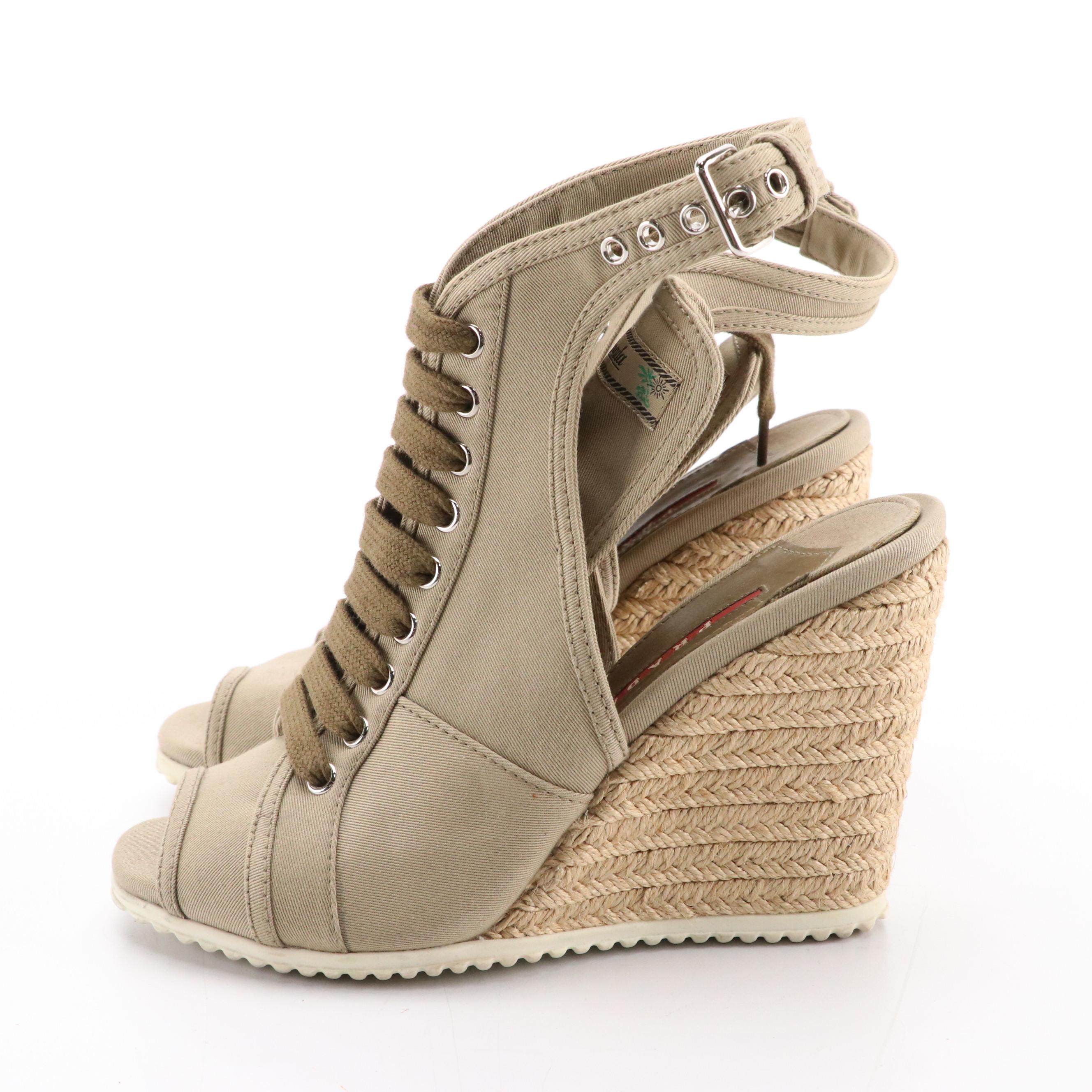 Prada Sport Beige Canvas Ankle Strap Peep-Toe Espadrille Wedges
