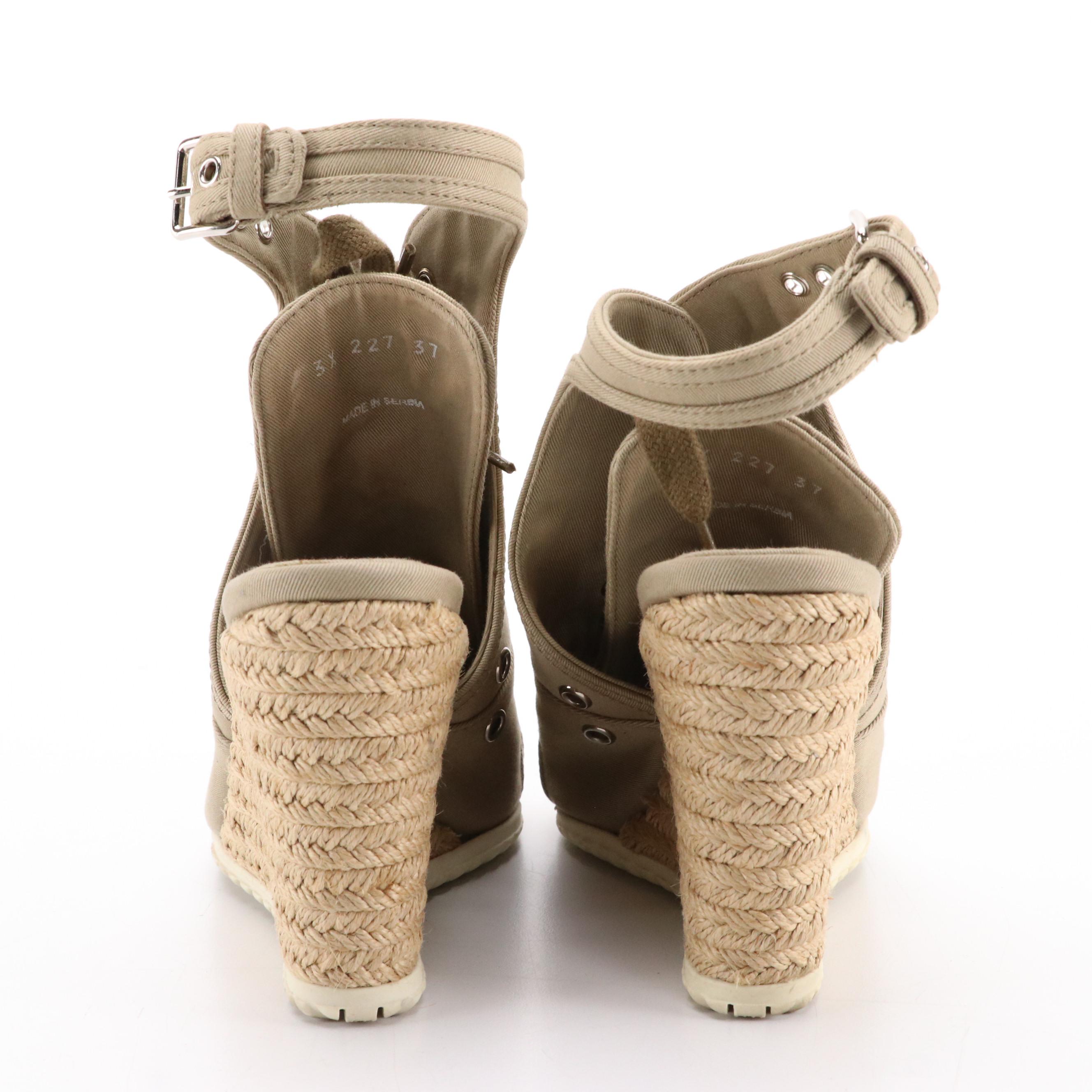 Prada Sport Beige Canvas Ankle Strap Peep-Toe Espadrille Wedges