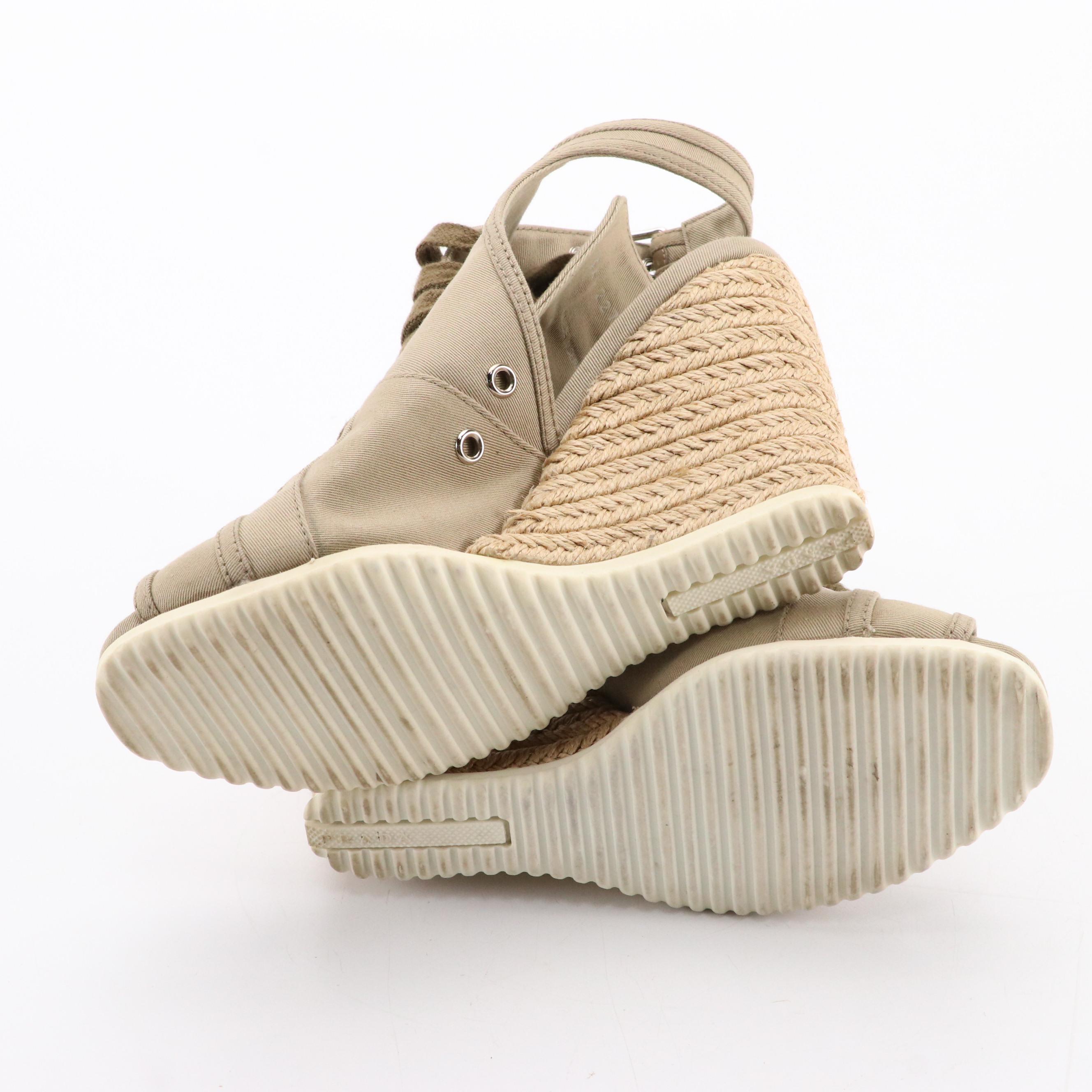 Prada Sport Beige Canvas Ankle Strap Peep-Toe Espadrille Wedges