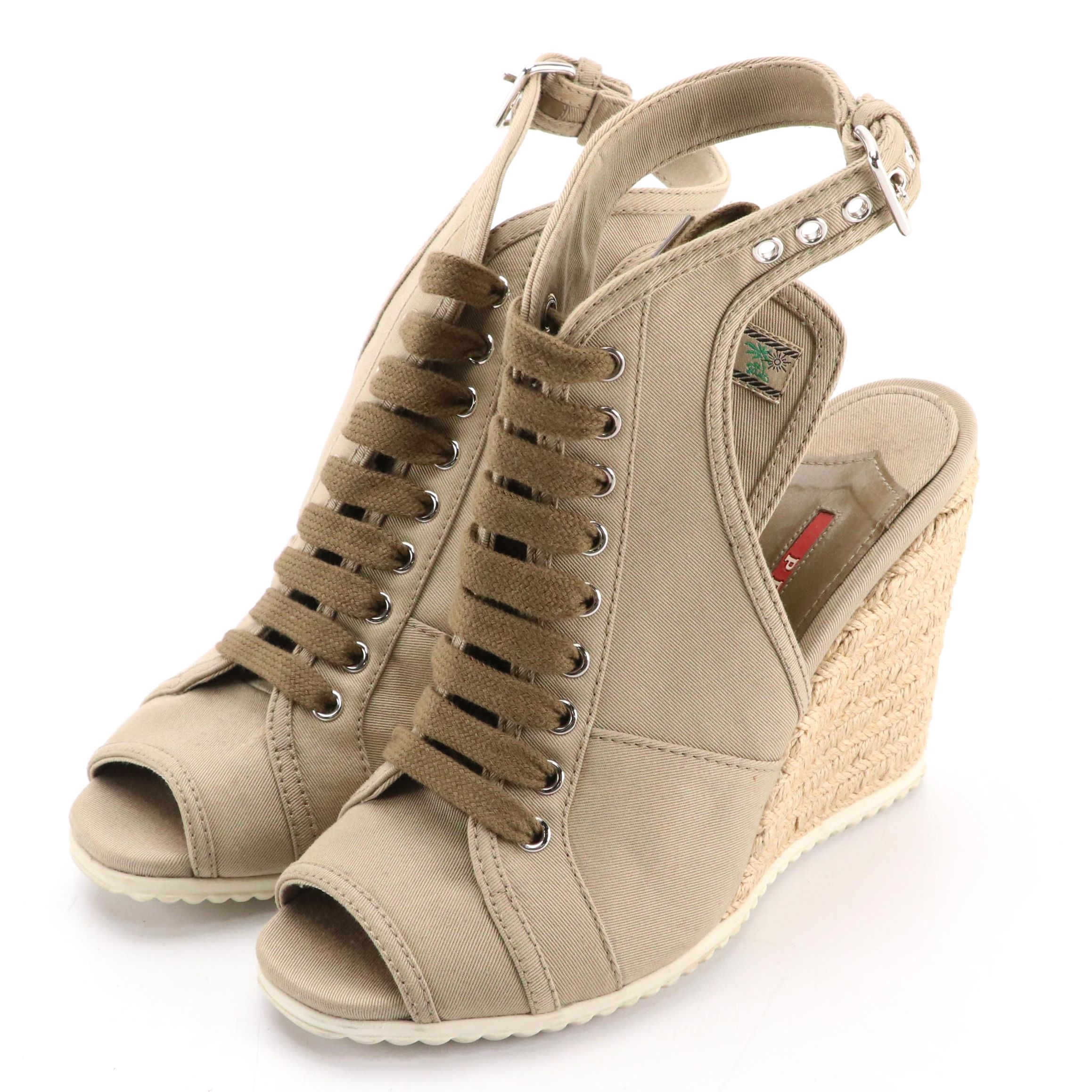 Prada Sport Beige Canvas Ankle Strap Peep-Toe Espadrille Wedges