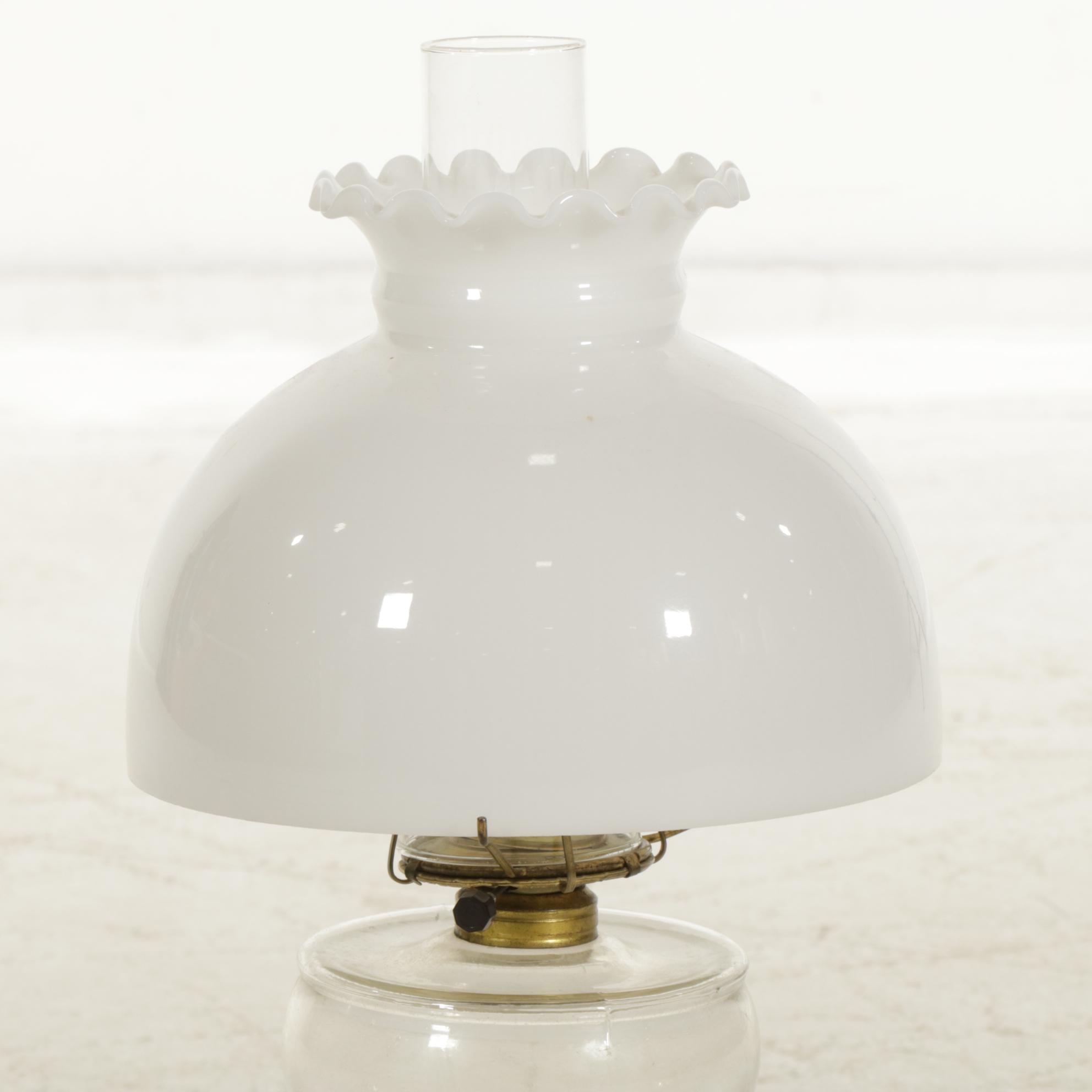 Converted Oil Lamp Table Lamp with White Ruffled Glass Shade, Vintage
