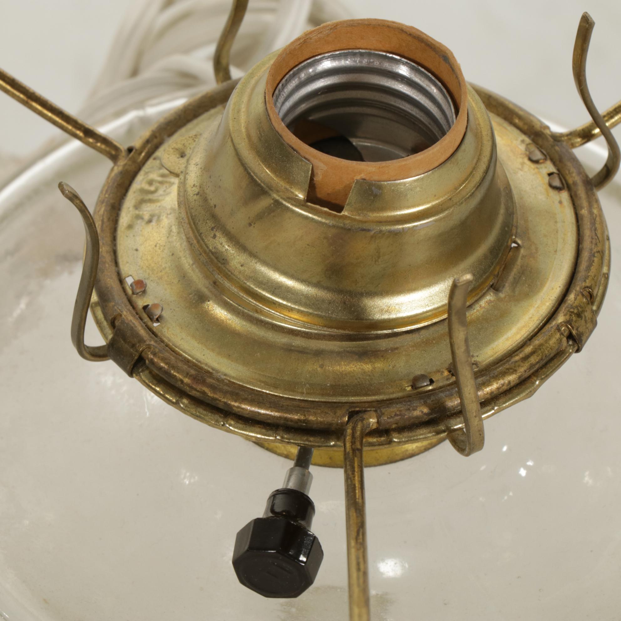 Converted Oil Lamp Table Lamp with White Ruffled Glass Shade, Vintage