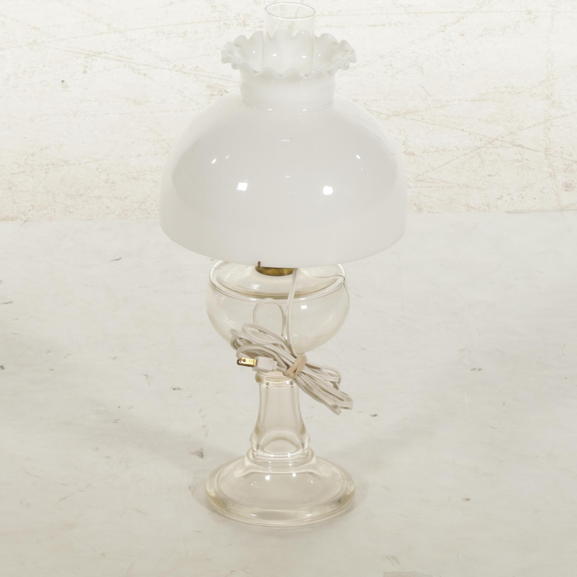 Converted Oil Lamp Table Lamp with White Ruffled Glass Shade, Vintage