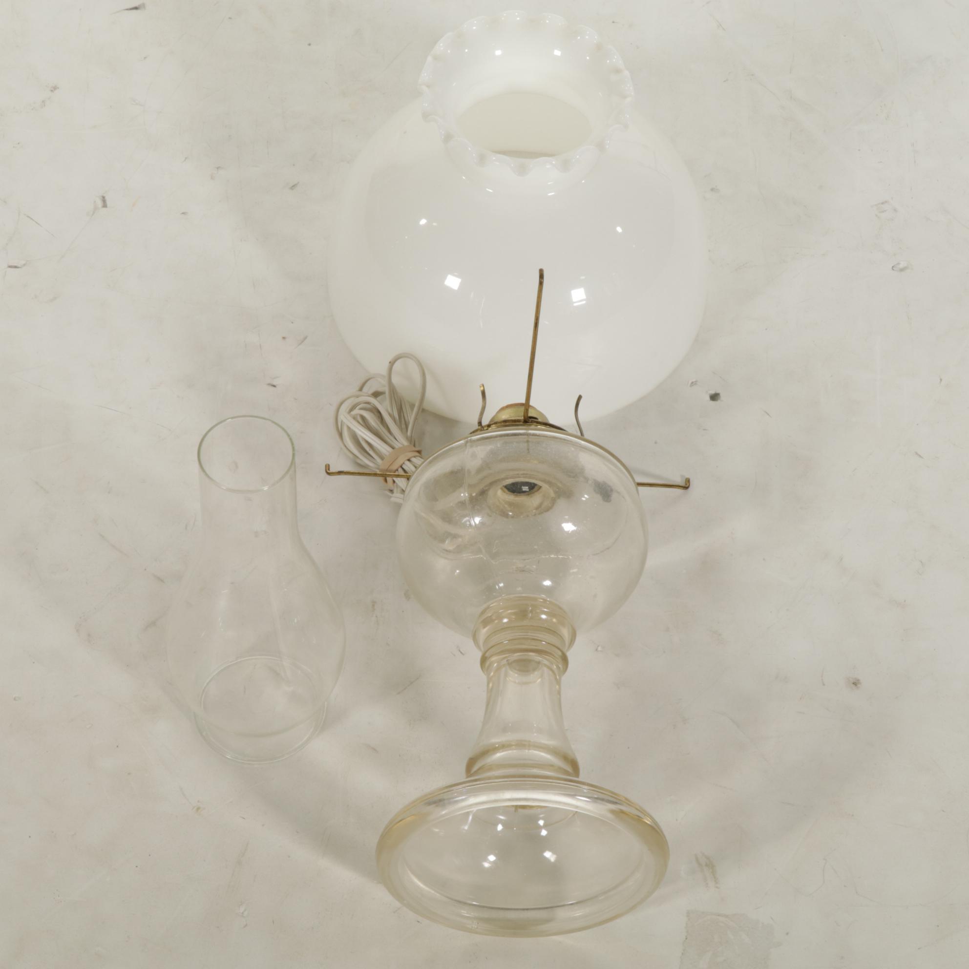 Converted Oil Lamp Table Lamp with White Ruffled Glass Shade, Vintage