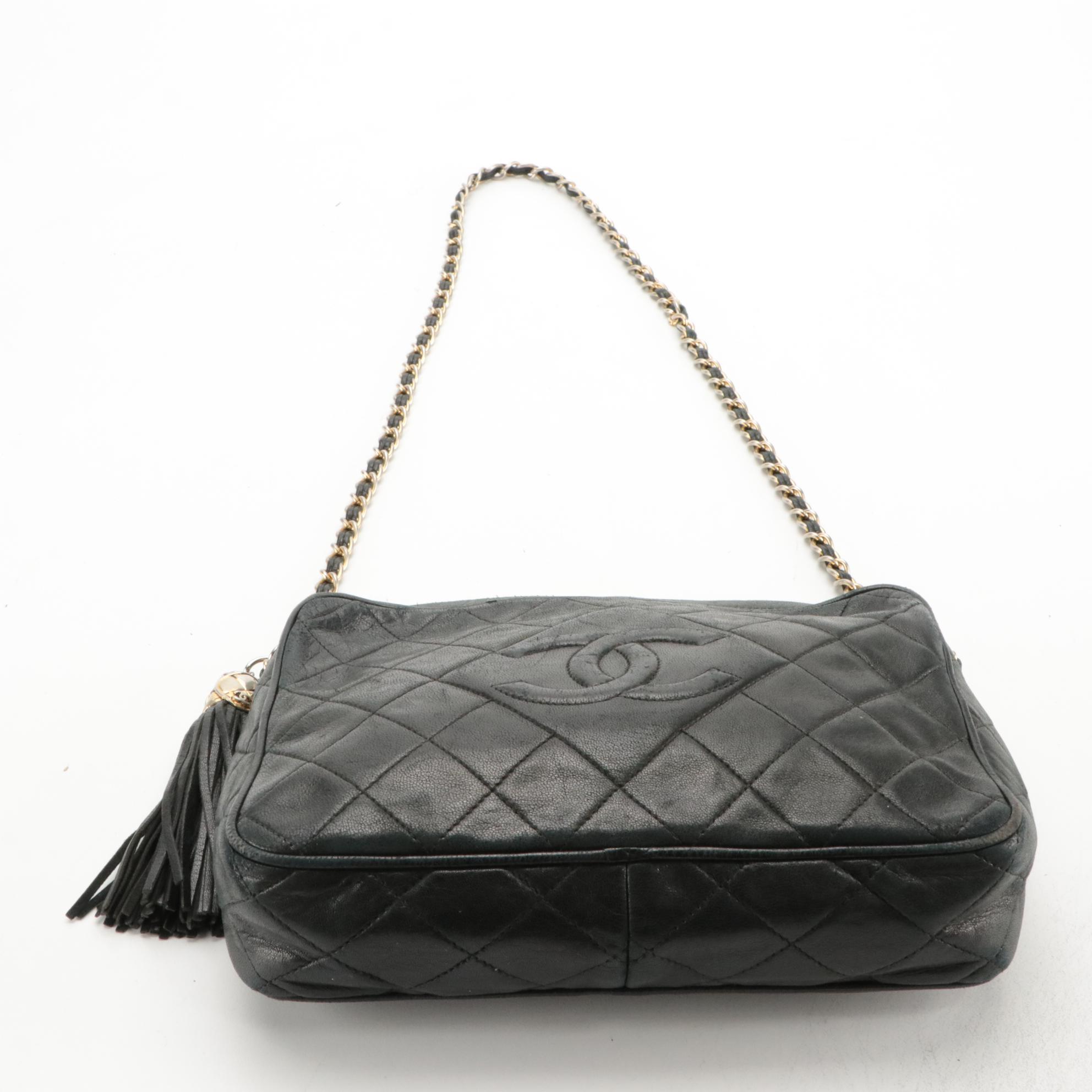 Chanel CC Quilted Chain Shoulder Bag in Black Lambskin Leather with Tassel