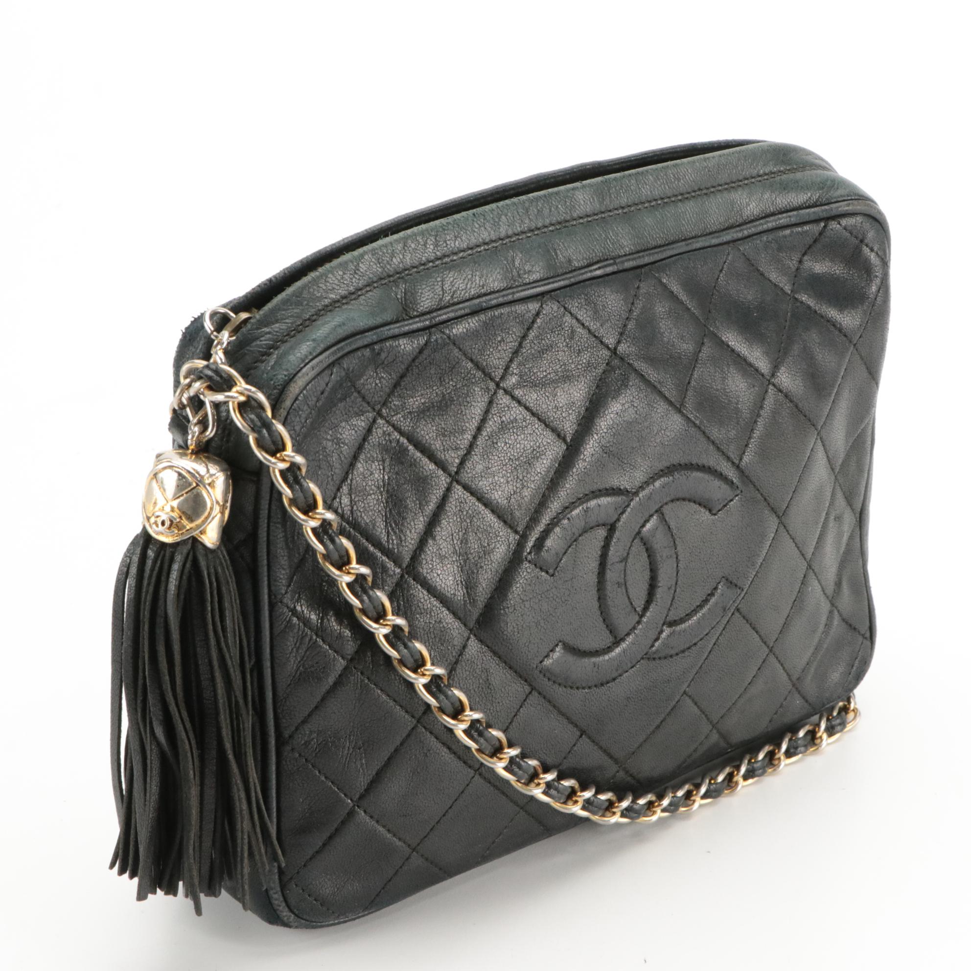 Chanel CC Quilted Chain Shoulder Bag in Black Lambskin Leather with Tassel