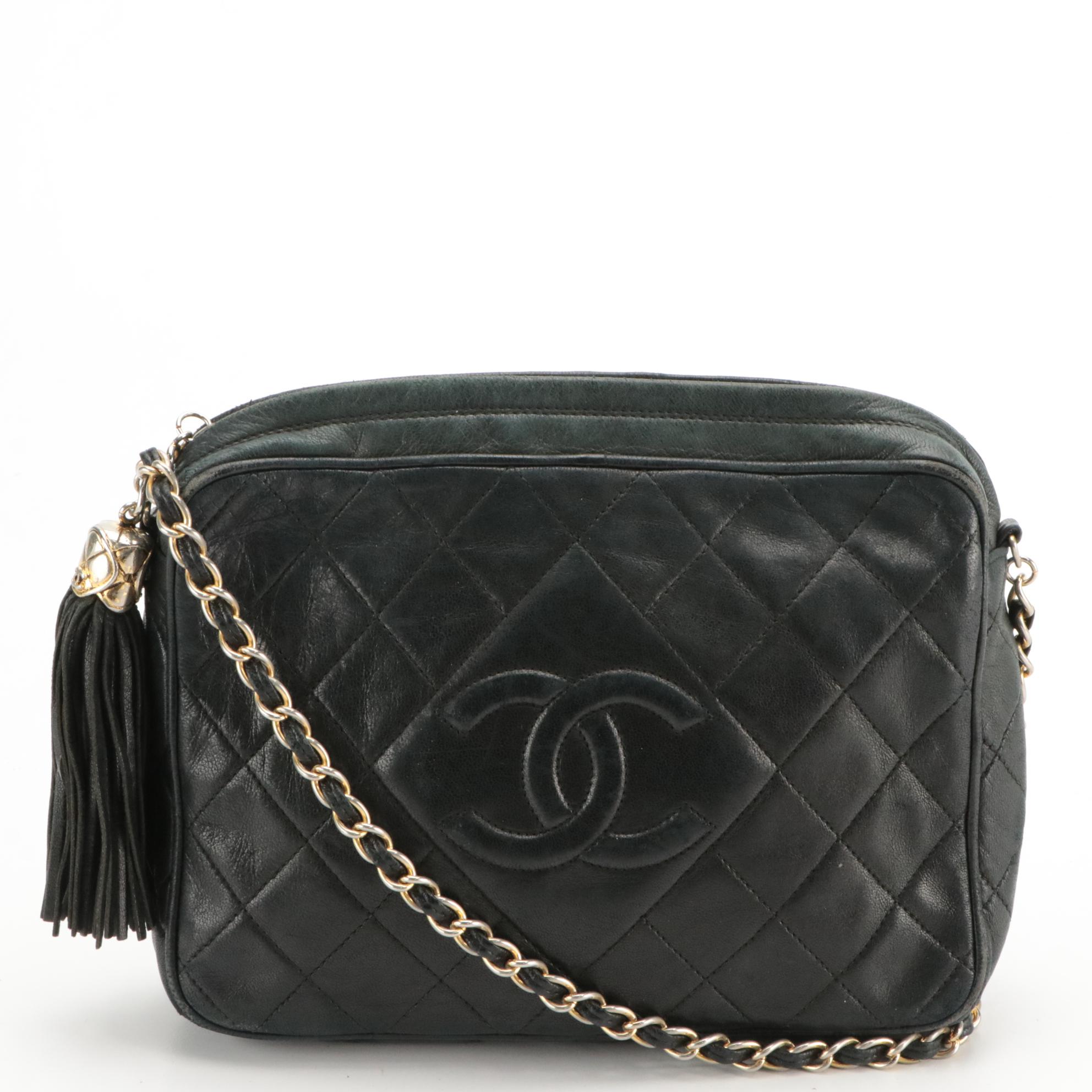 Chanel CC Quilted Chain Shoulder Bag in Black Lambskin Leather with Tassel