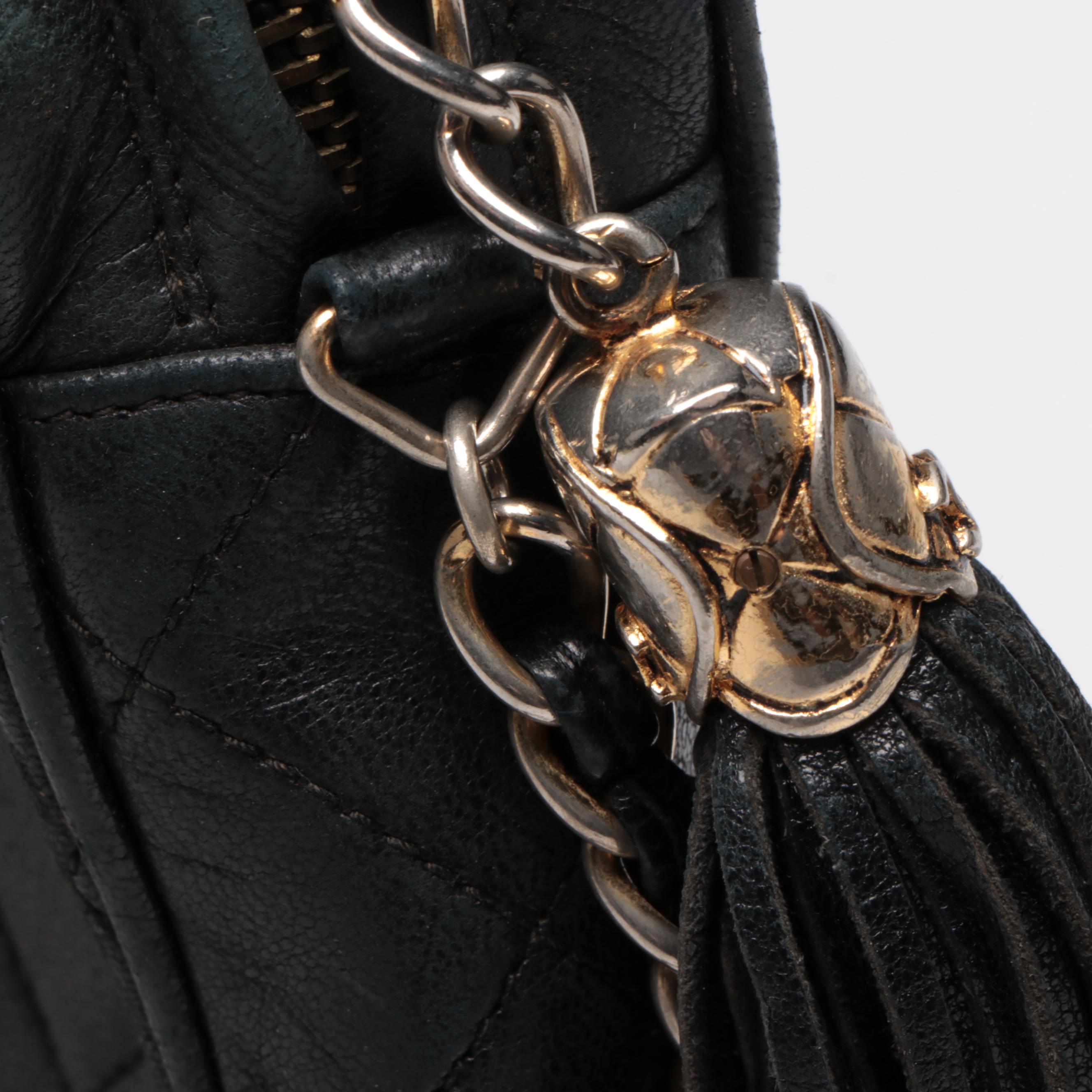 Chanel CC Quilted Chain Shoulder Bag in Black Lambskin Leather with Tassel