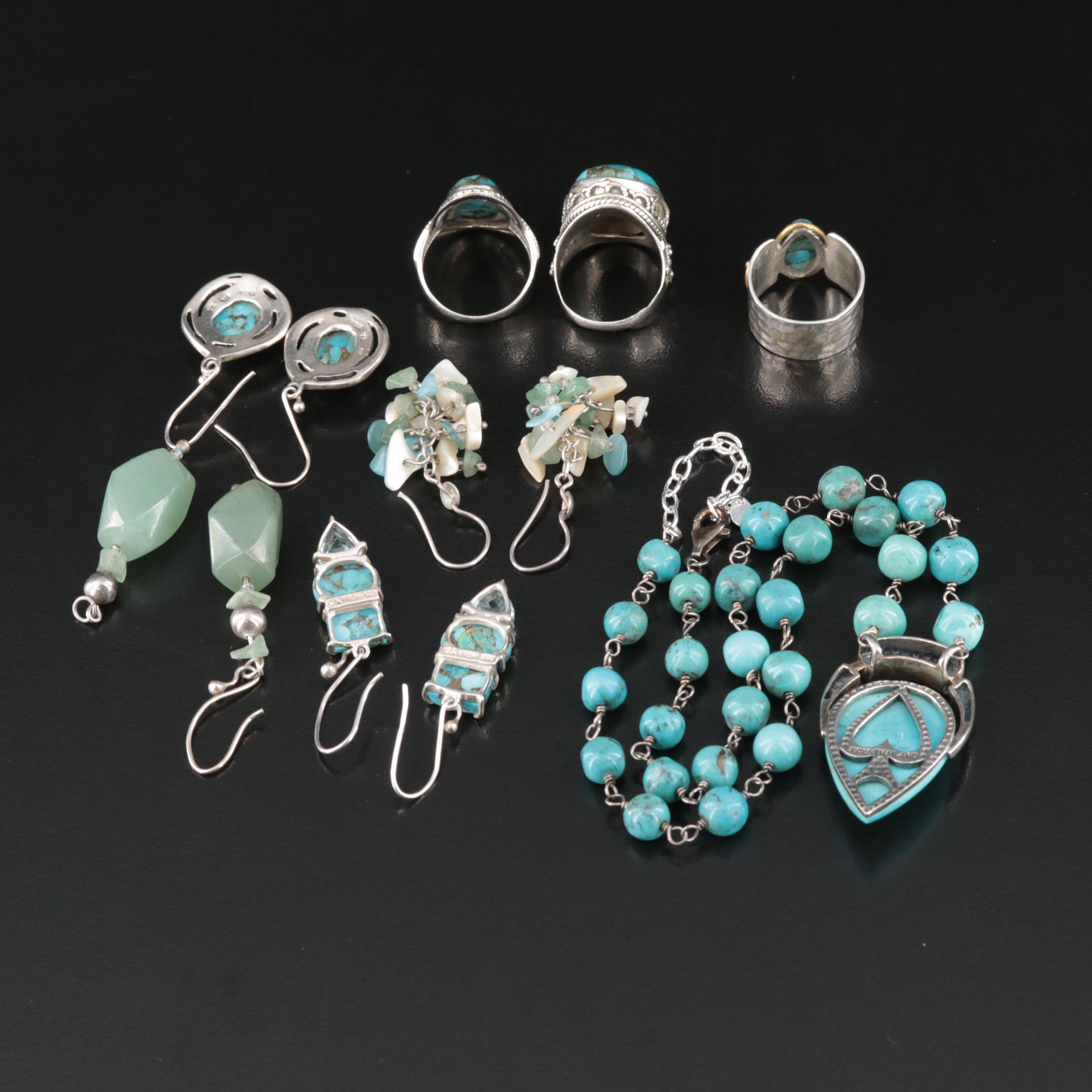 Sterling Necklace, Earring and Ring Collection Including Composite Turquoise
