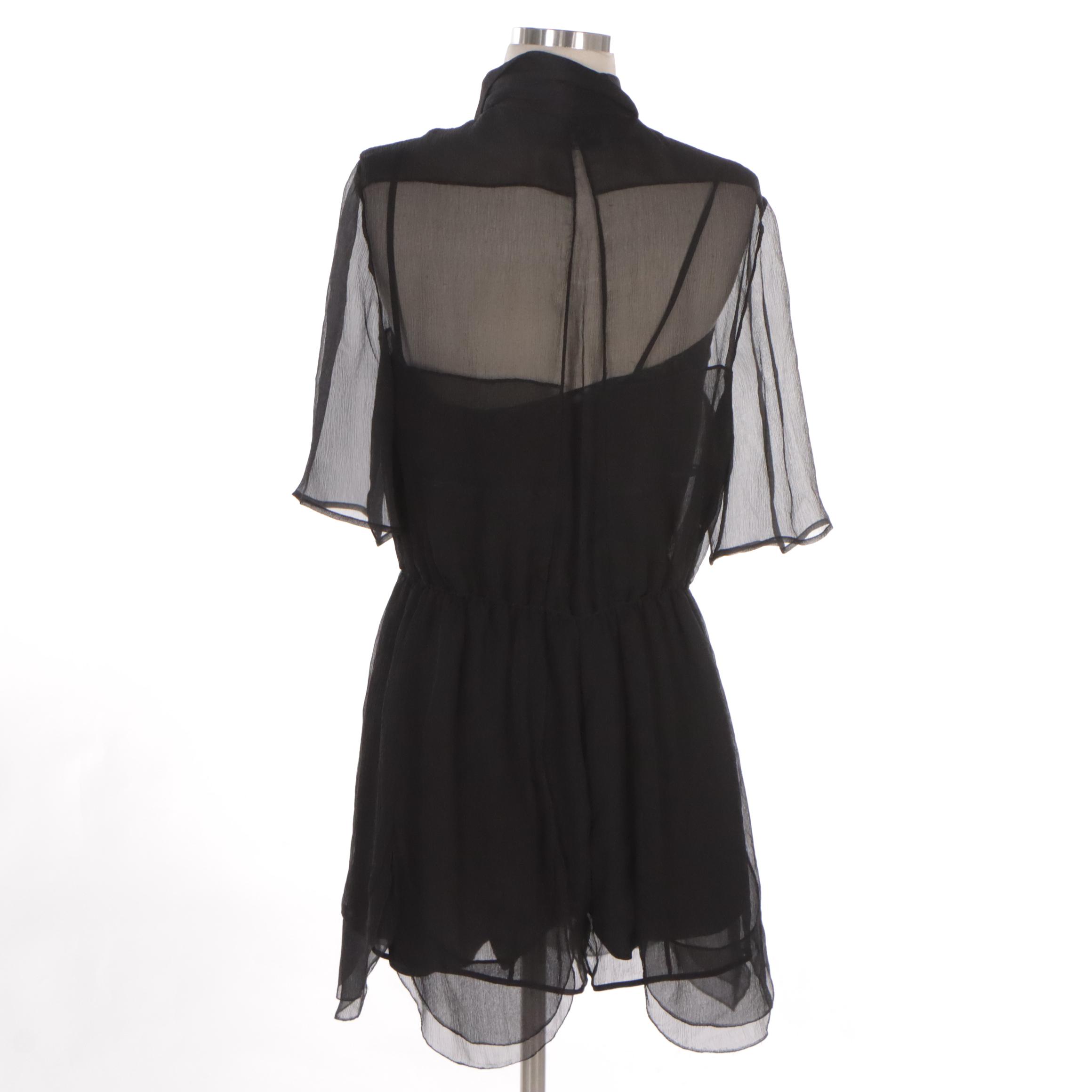 Prada Black Sheer Silk Button-Front Shirt Romper