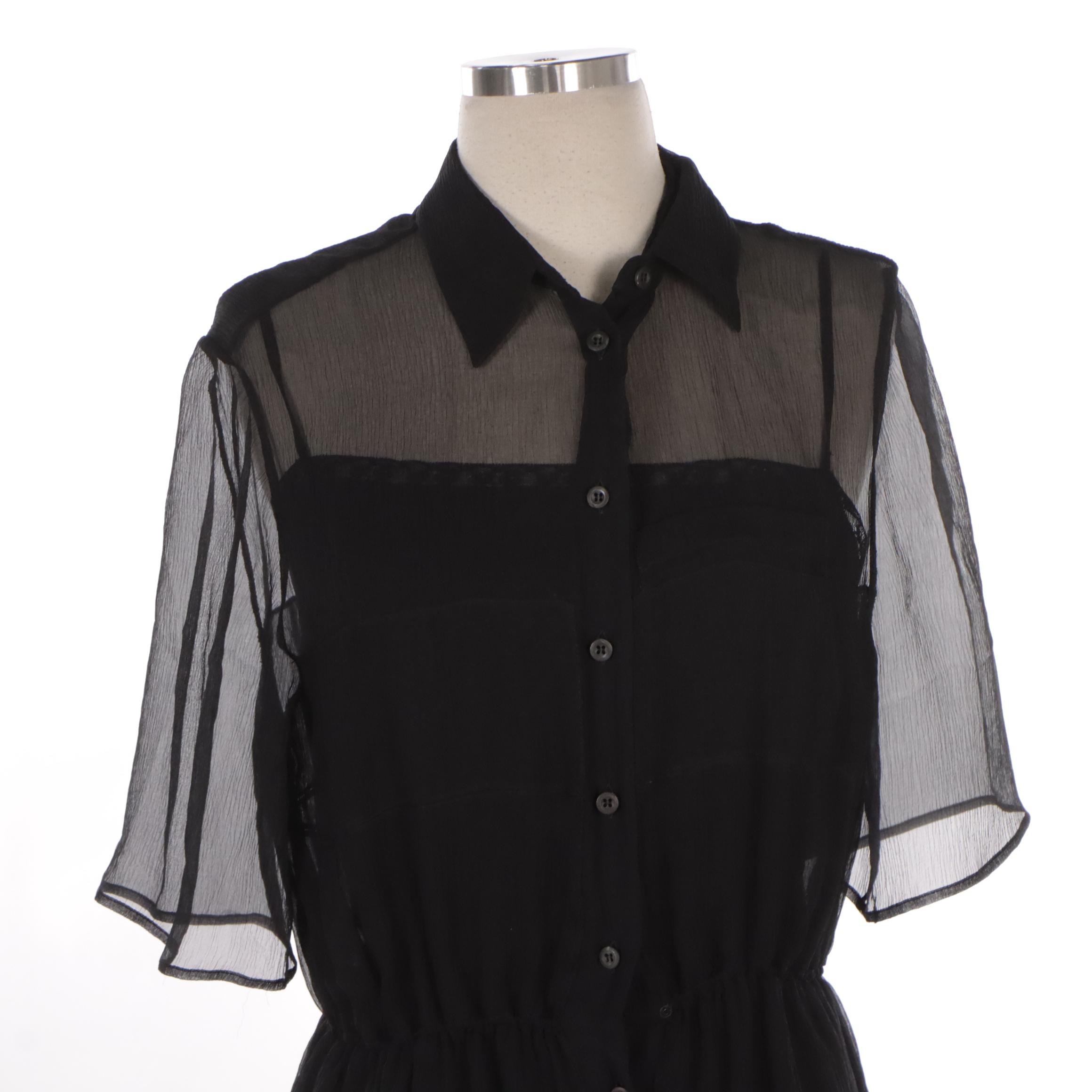 Prada Black Sheer Silk Button-Front Shirt Romper