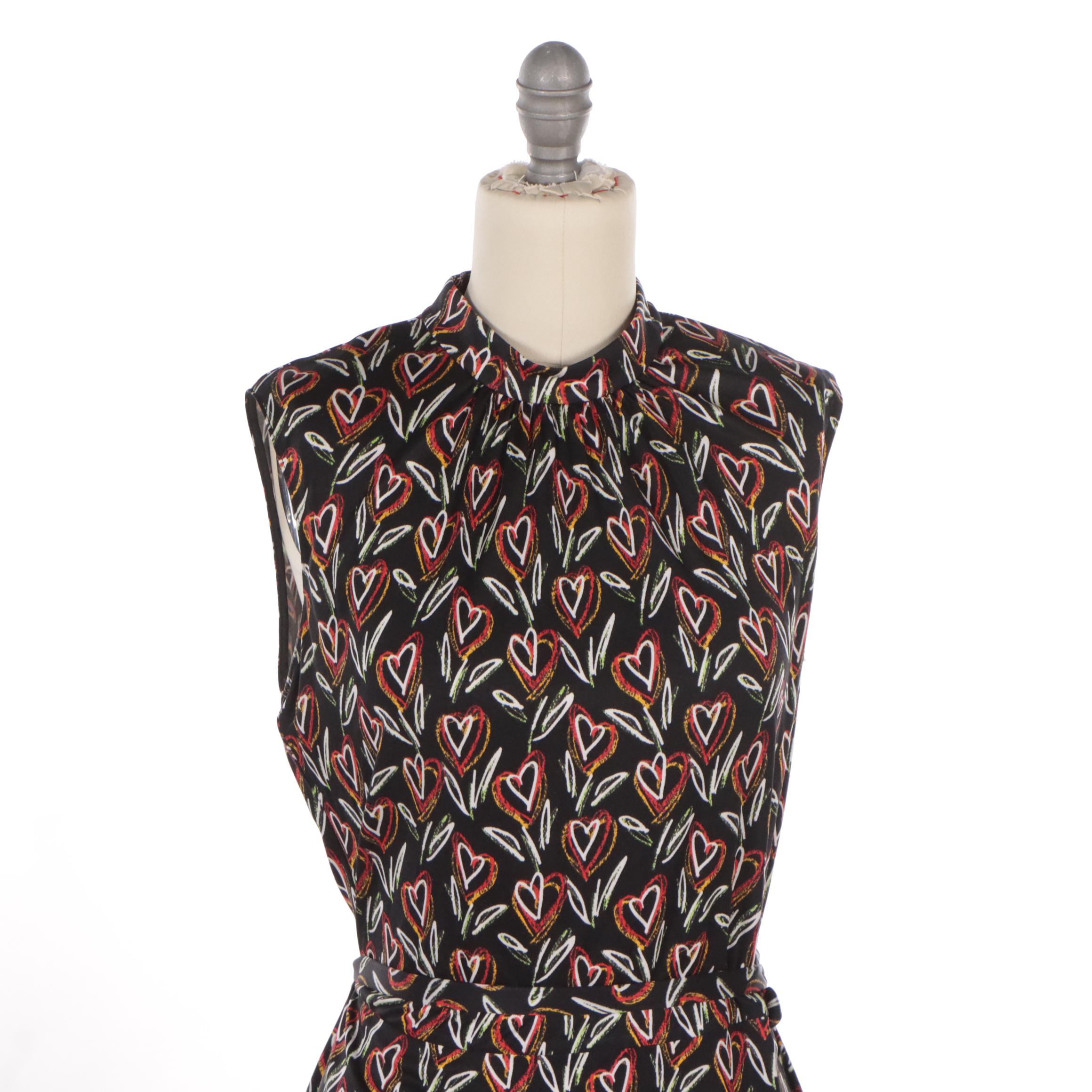 Prada Tulip Heart Print Silk Sleeveless Knee-Length Dress