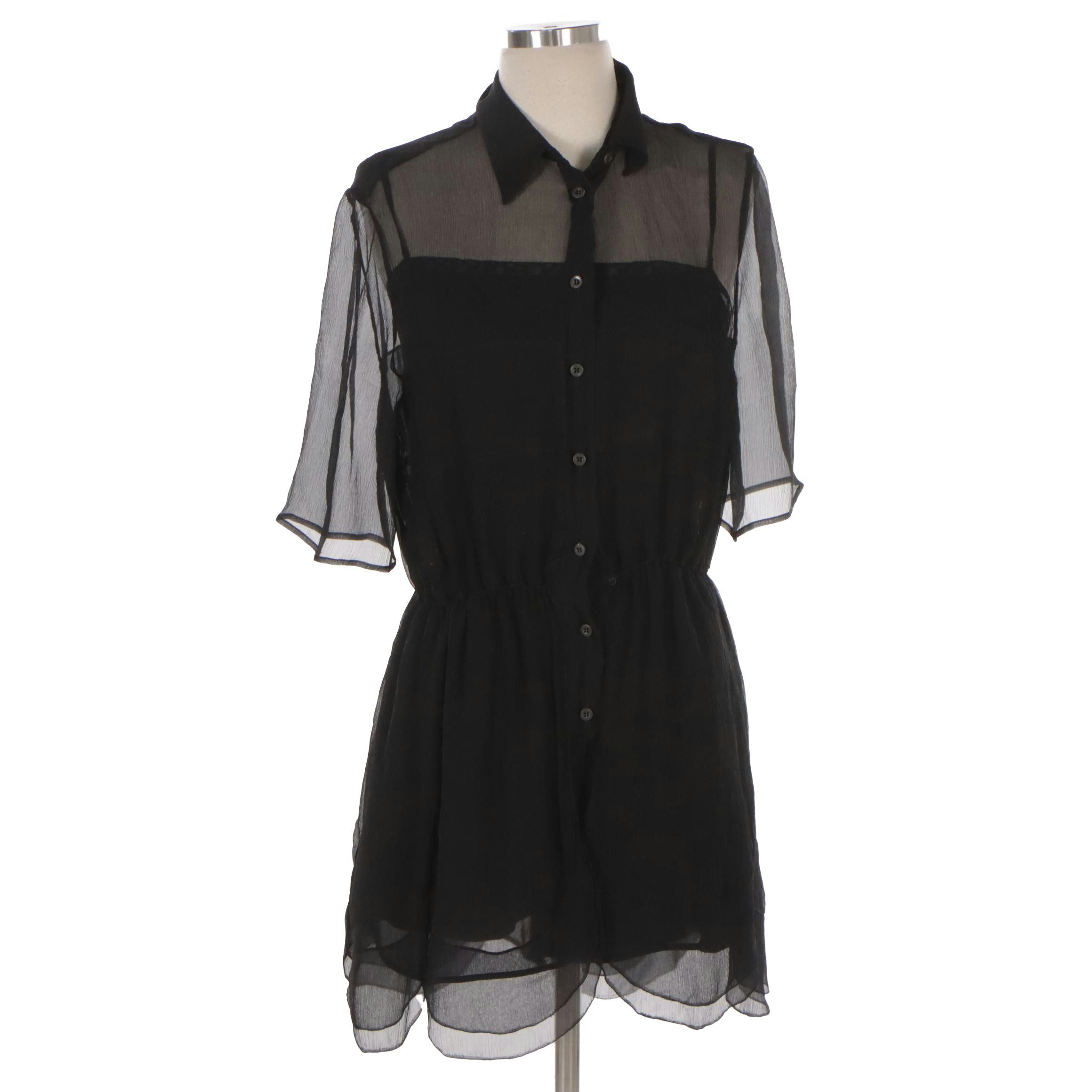Prada Black Sheer Silk Button-Front Shirt Romper